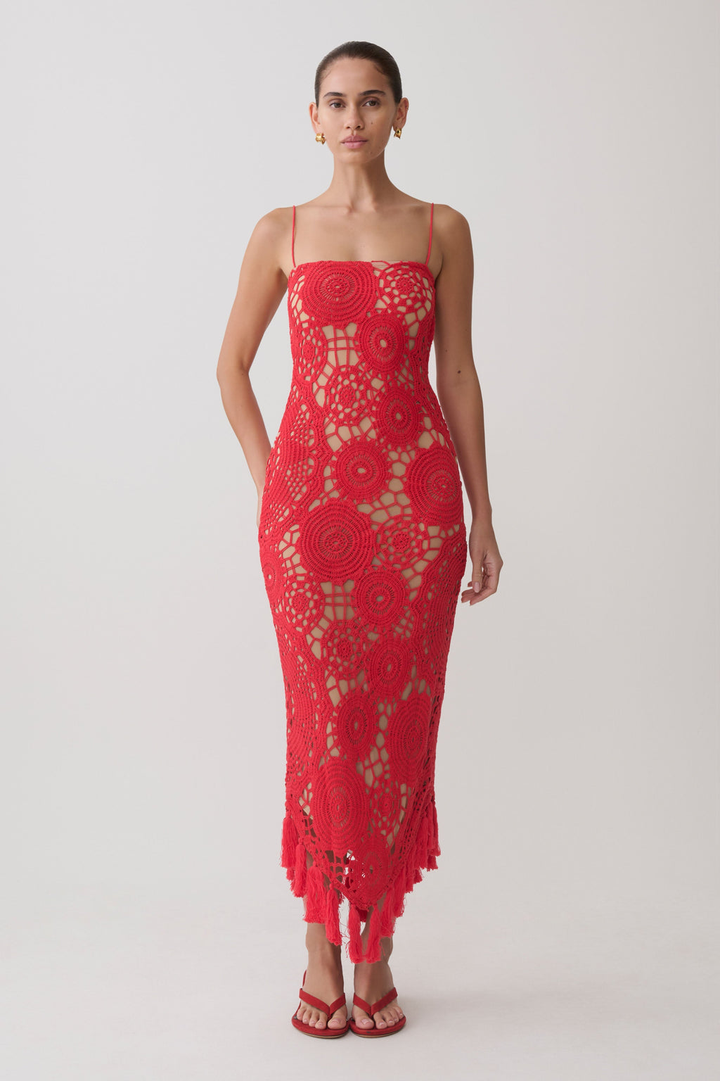 Delta Crochet Halter Midi Dress - Red