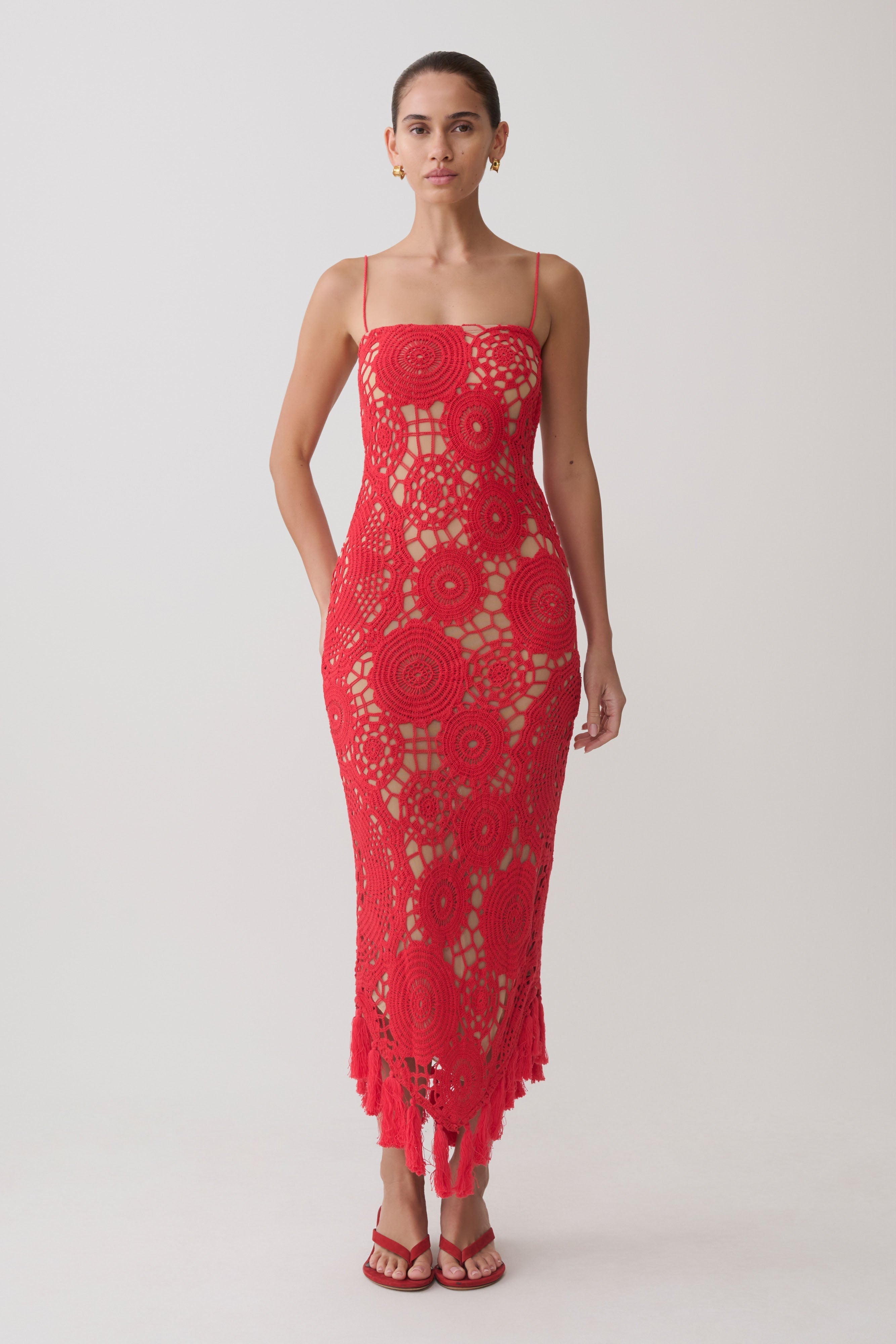 Delta Crochet Halter Midi Dress - Red
