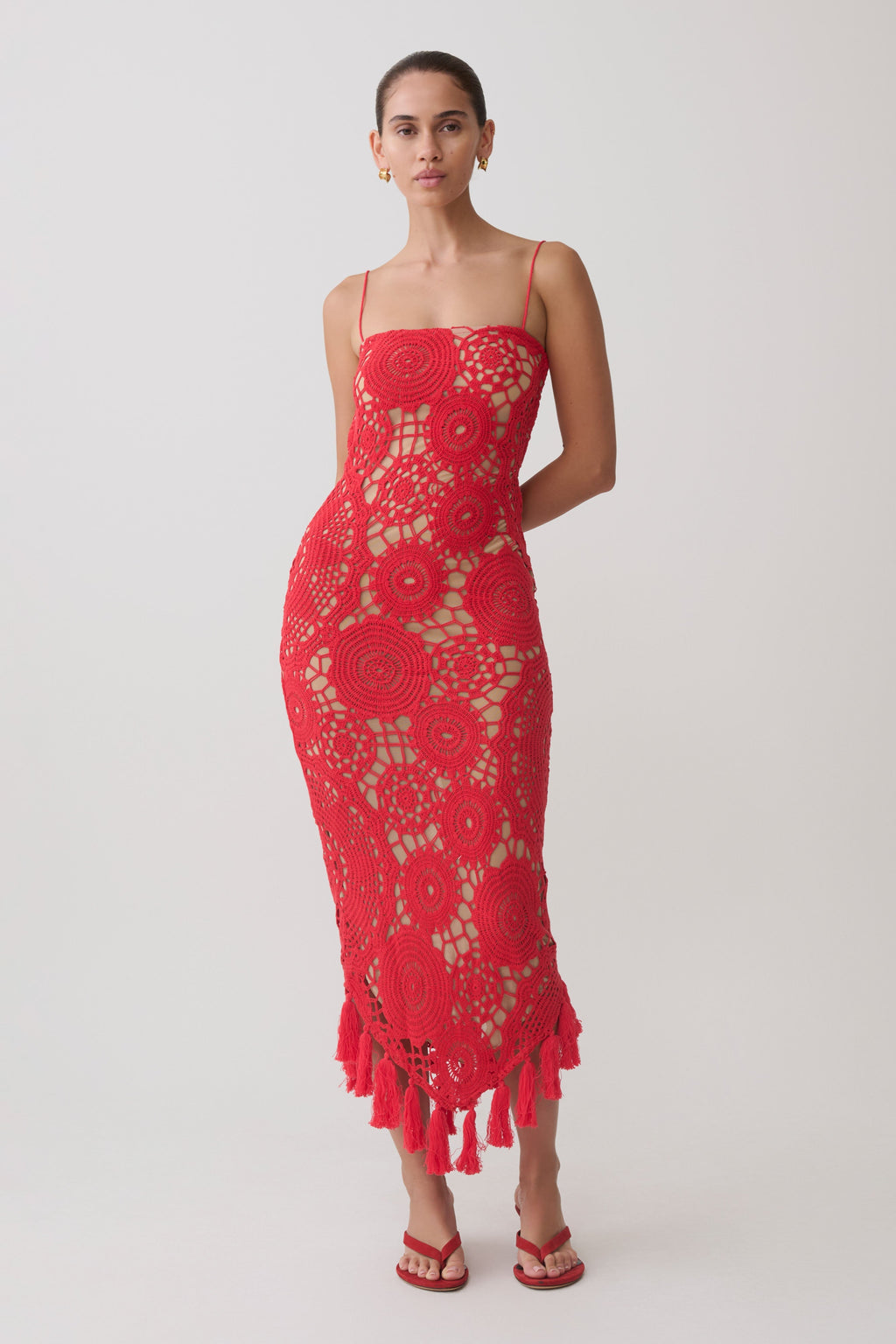 Delta Crochet Halter Midi Dress - Red
