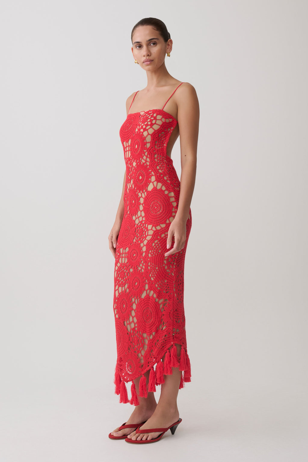 Delta Crochet Halter Midi Dress - Red