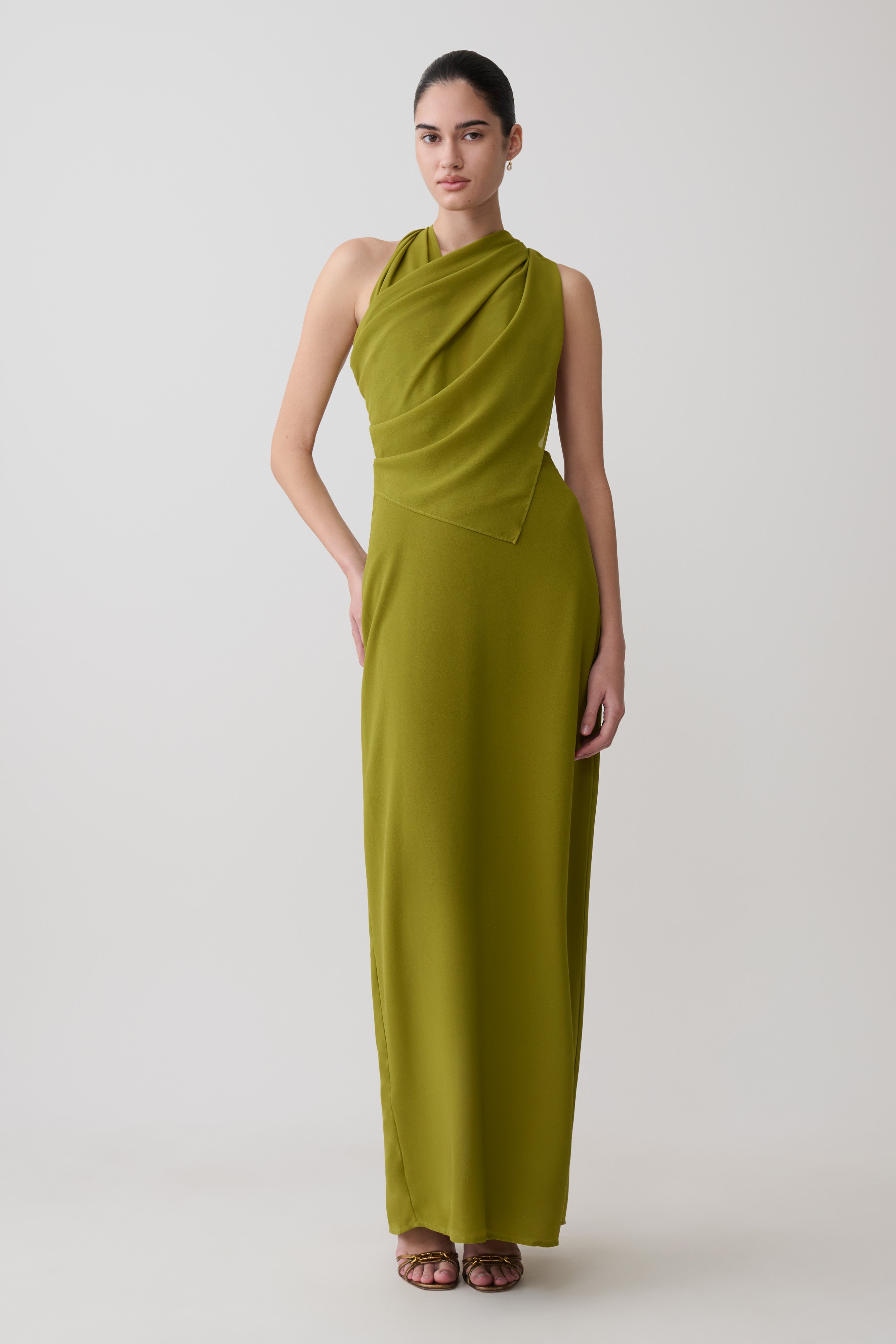 Gianna Satin Halter Maxi Dress - Olive