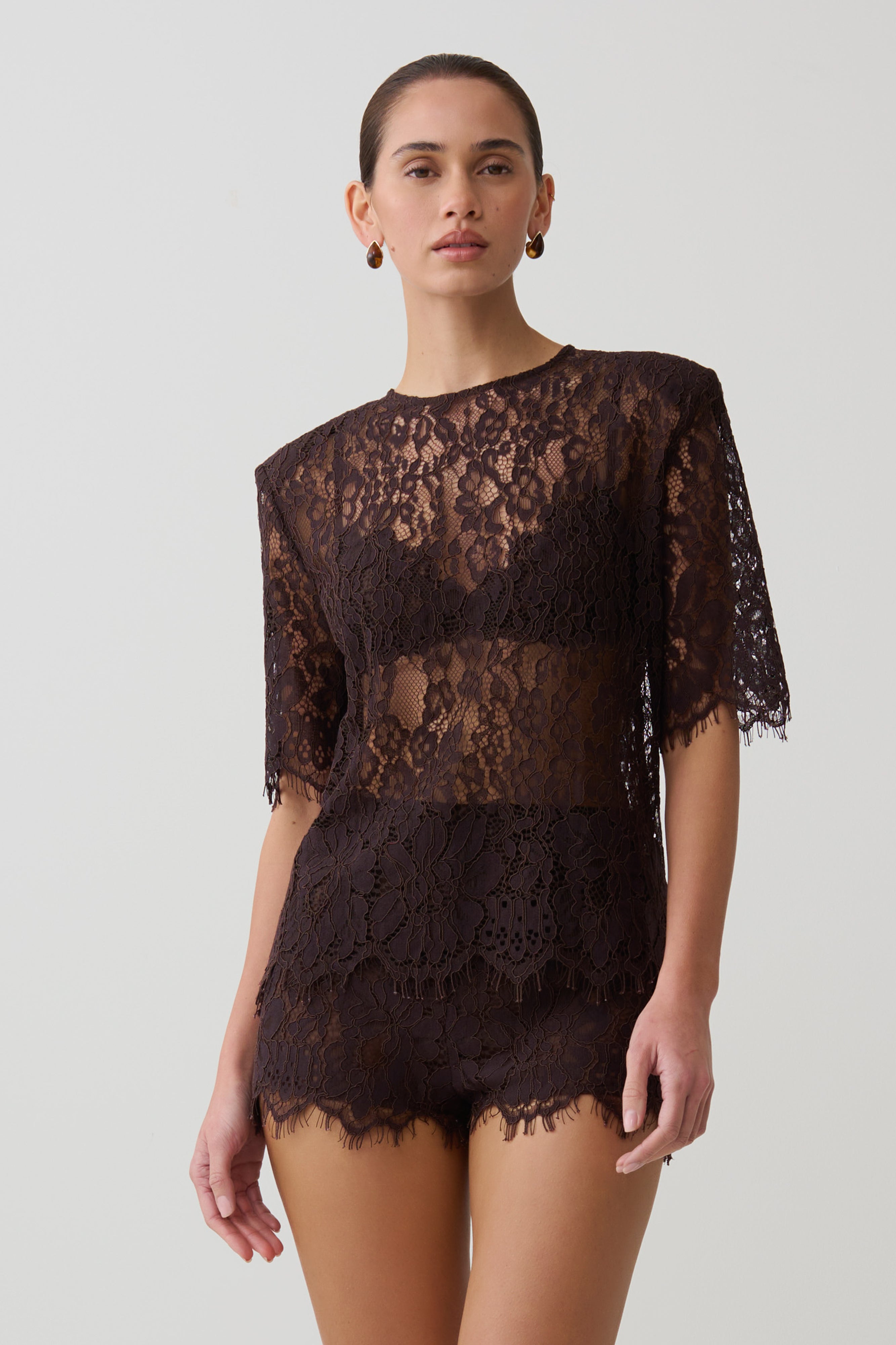 Harlyn Shoulder Pad Short Sleeve Lace Top - Dark Chocolate
