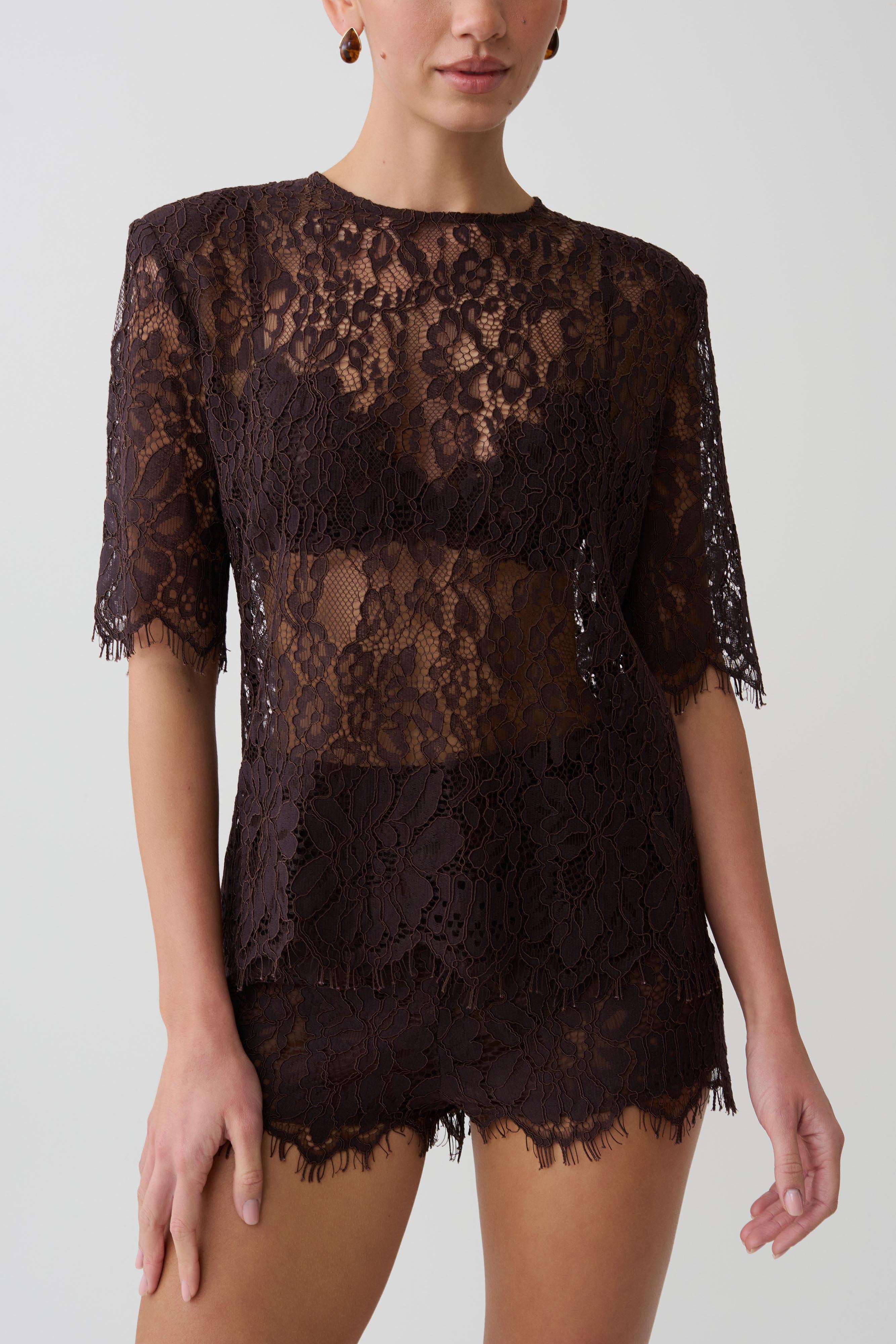 Harlyn Shoulder Pad Short Sleeve Lace Top - Dark Chocolate