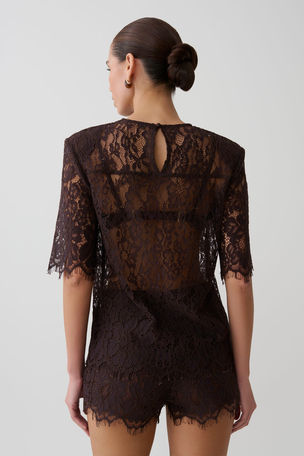 Harlyn Shoulder Pad Short Sleeve Lace Top - Dark Chocolate