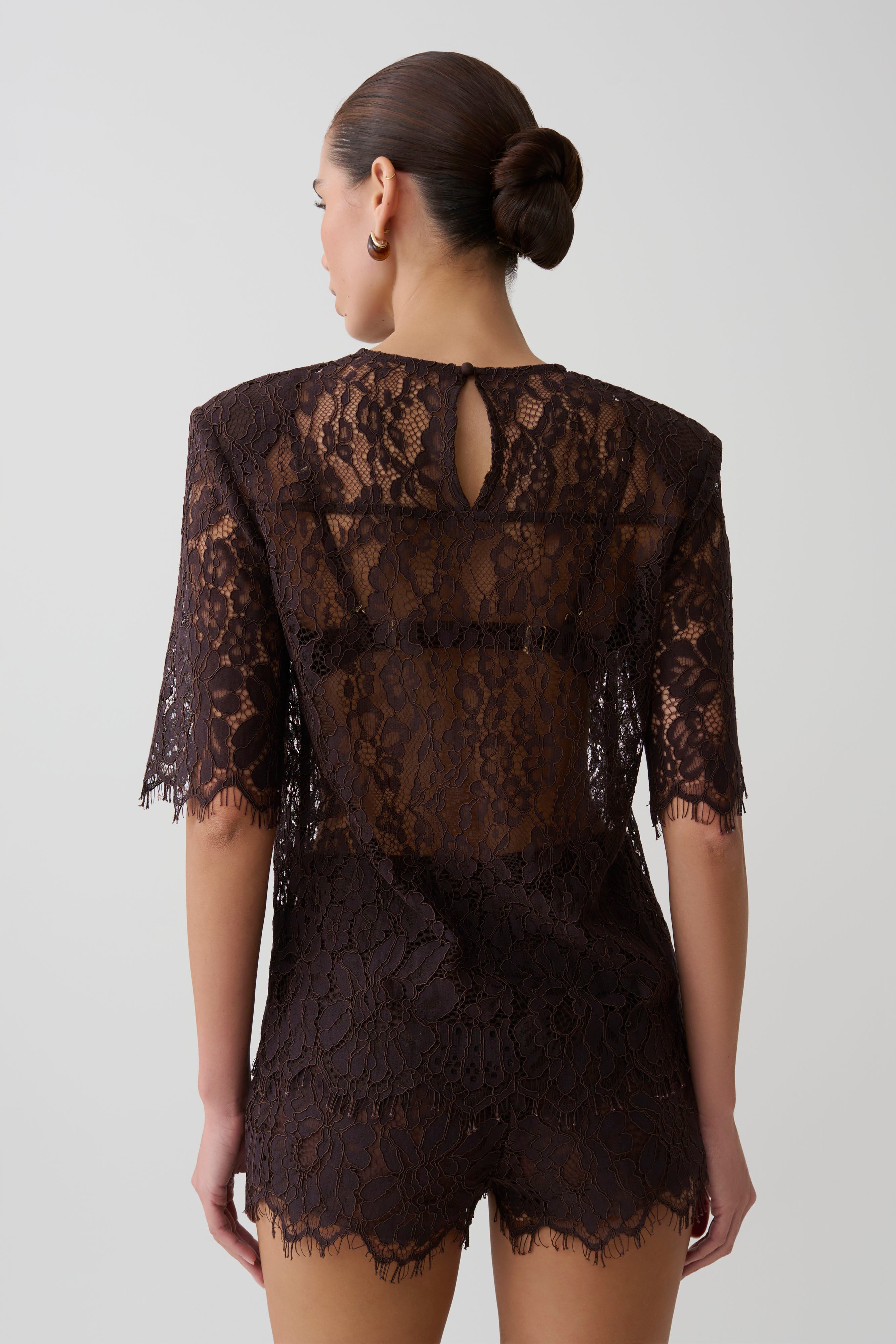 Harlyn Shoulder Pad Short Sleeve Lace Top - Dark Chocolate