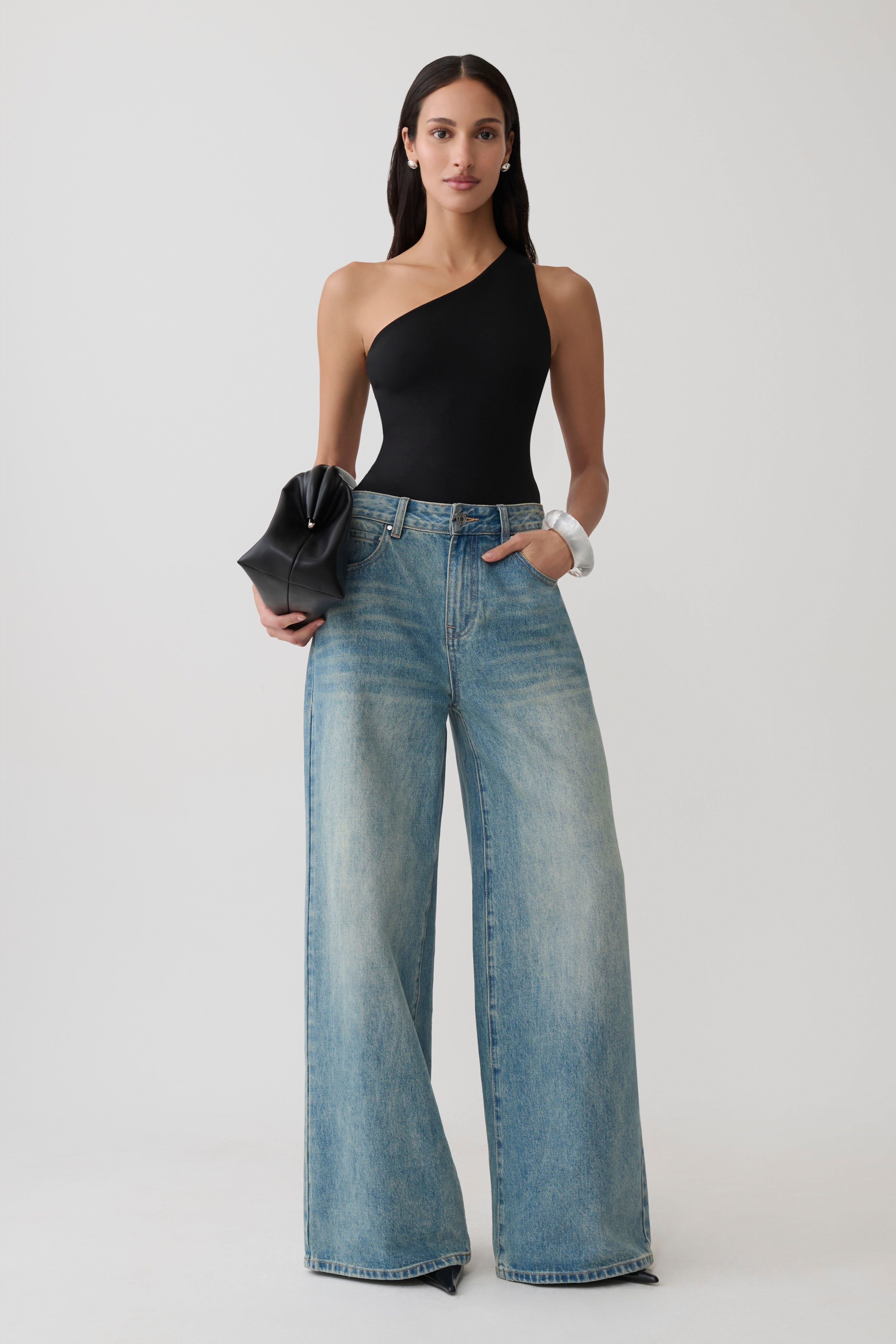 Kuru Asymmetric Back Ponte Bodysuit - Black