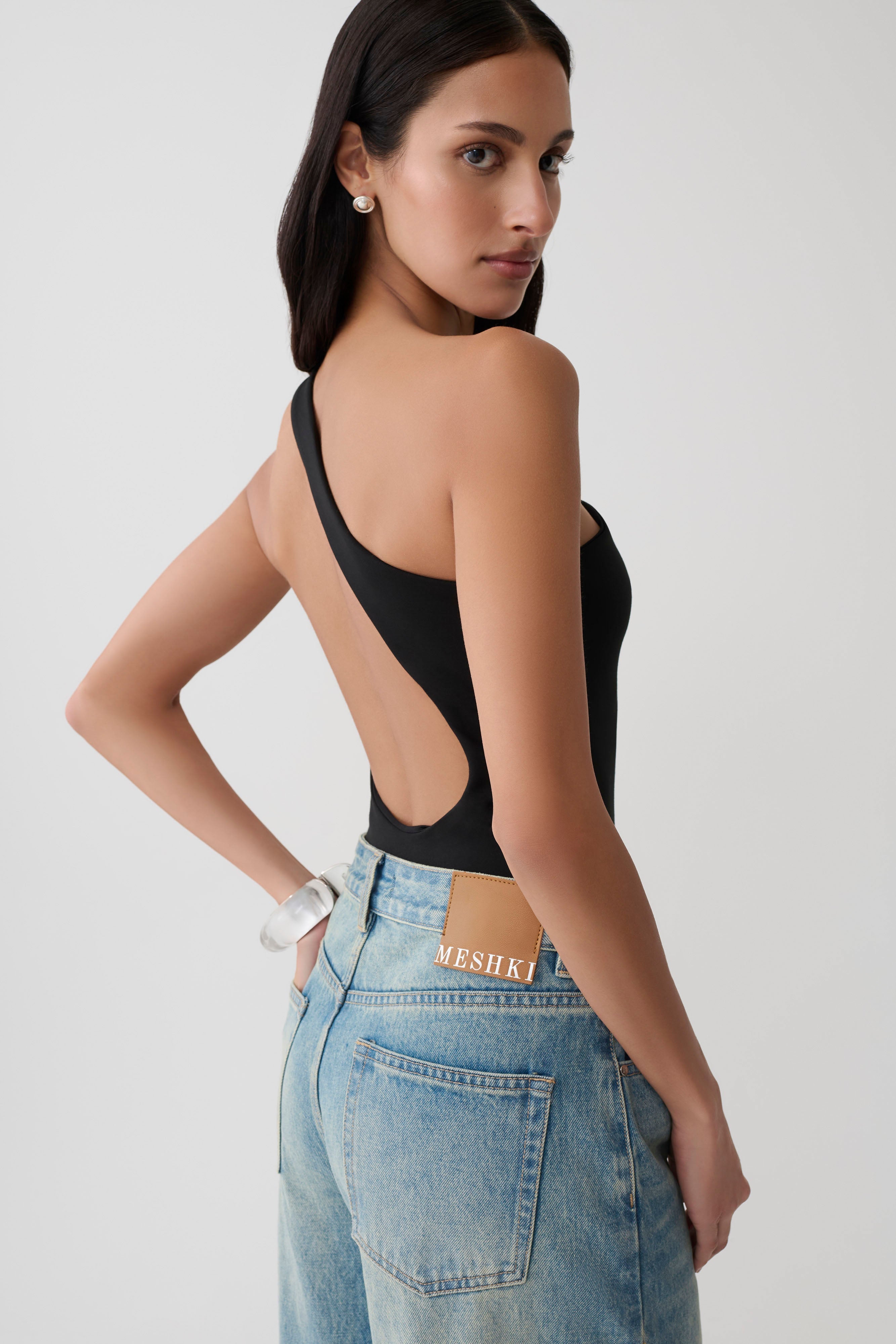 Kuru Asymmetric Back Ponte Bodysuit - Black