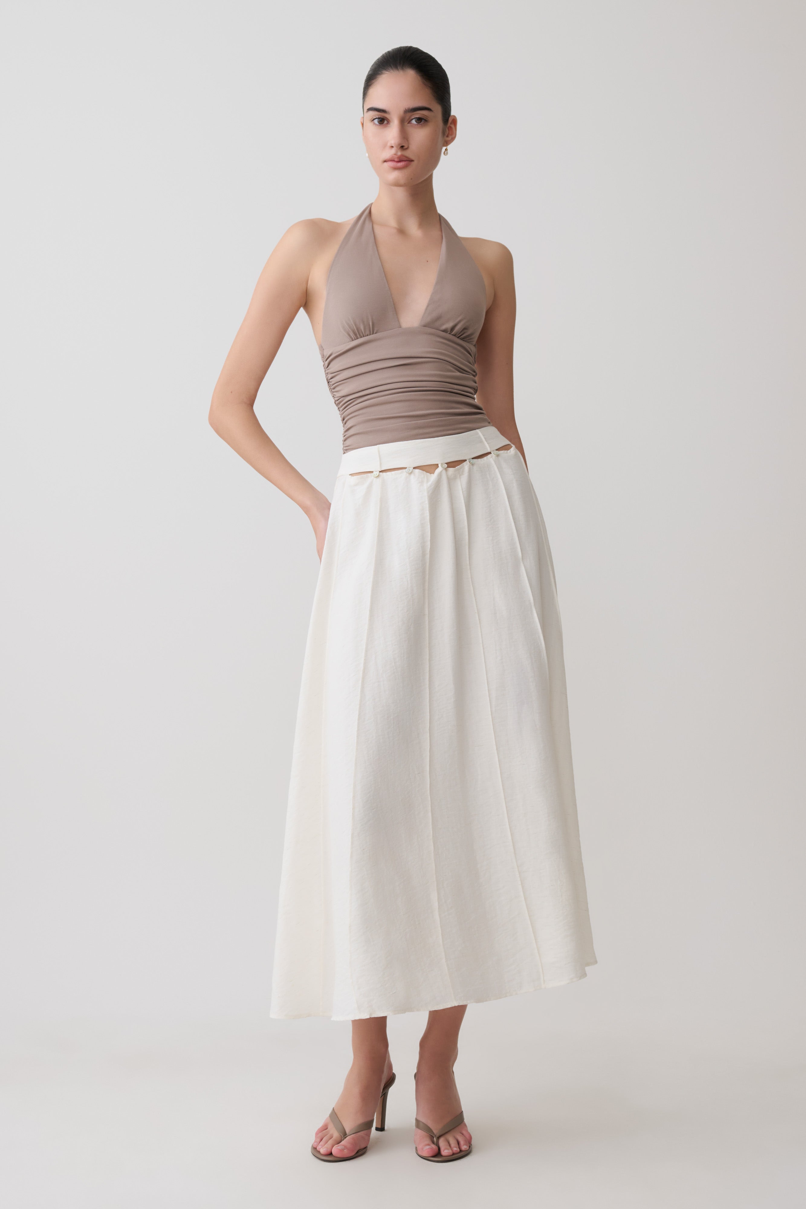 Claire Pearl Button Midi Skirt - White