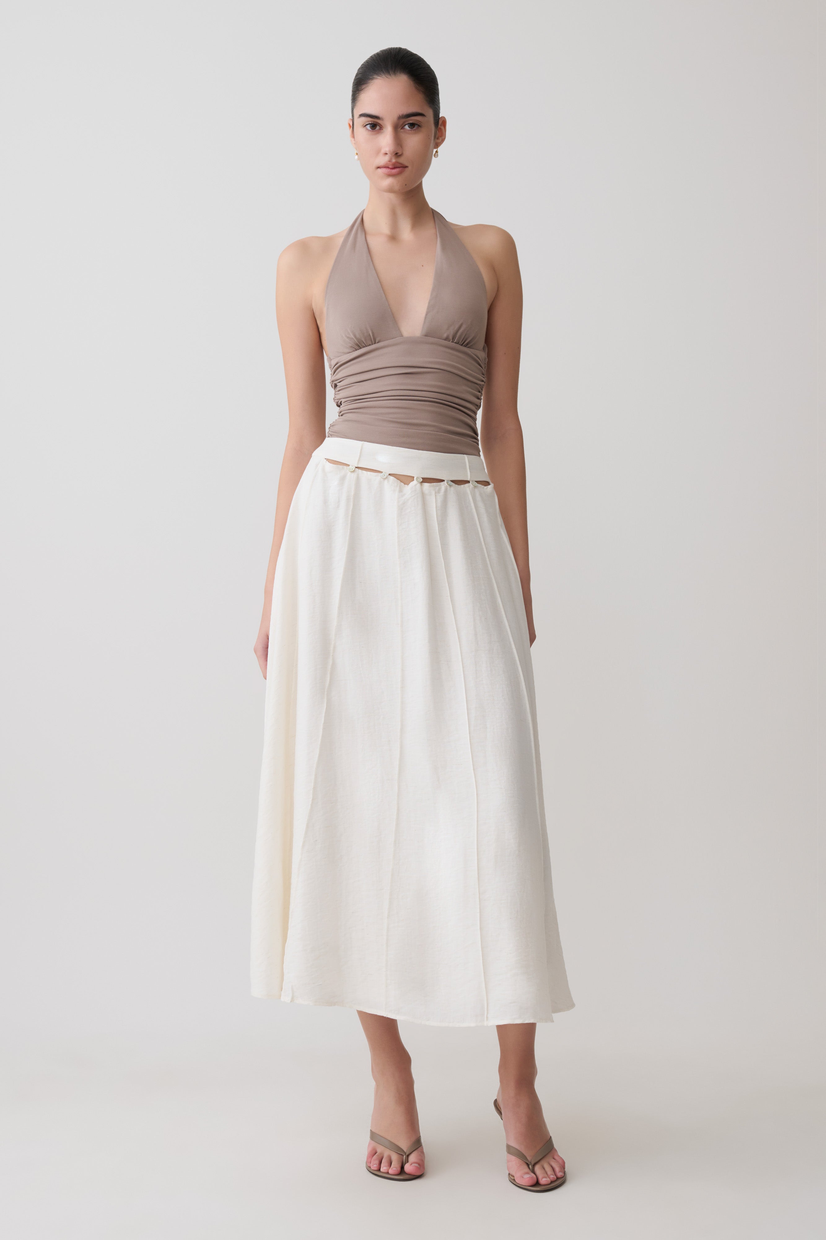 Claire Pearl Button Midi Skirt - White