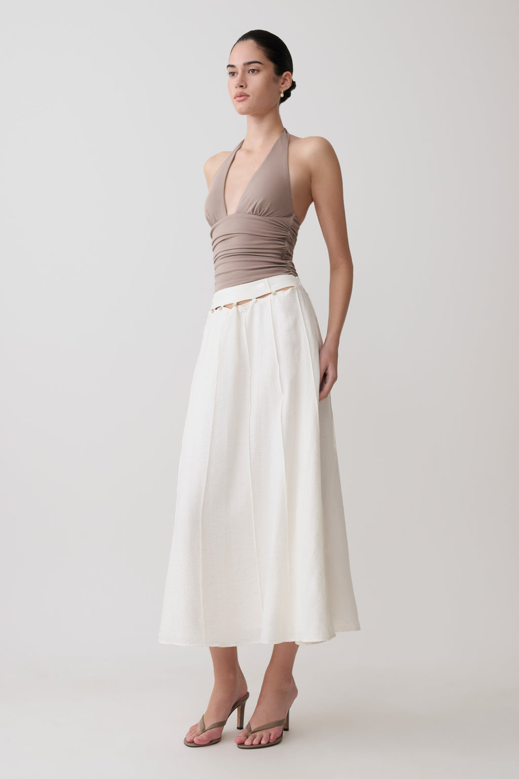 Claire Pearl Button Midi Skirt - White