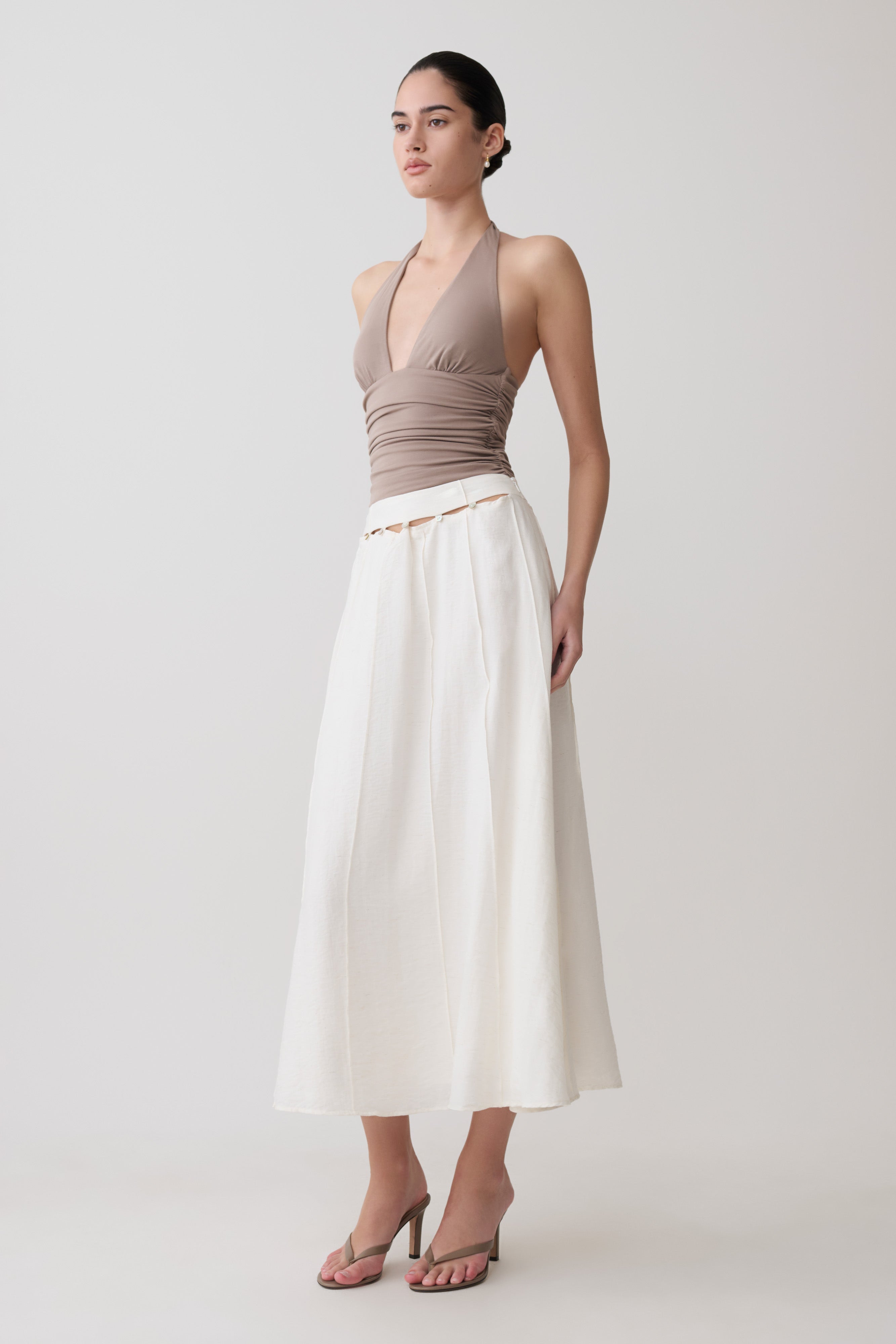 Claire Pearl Button Midi Skirt - White