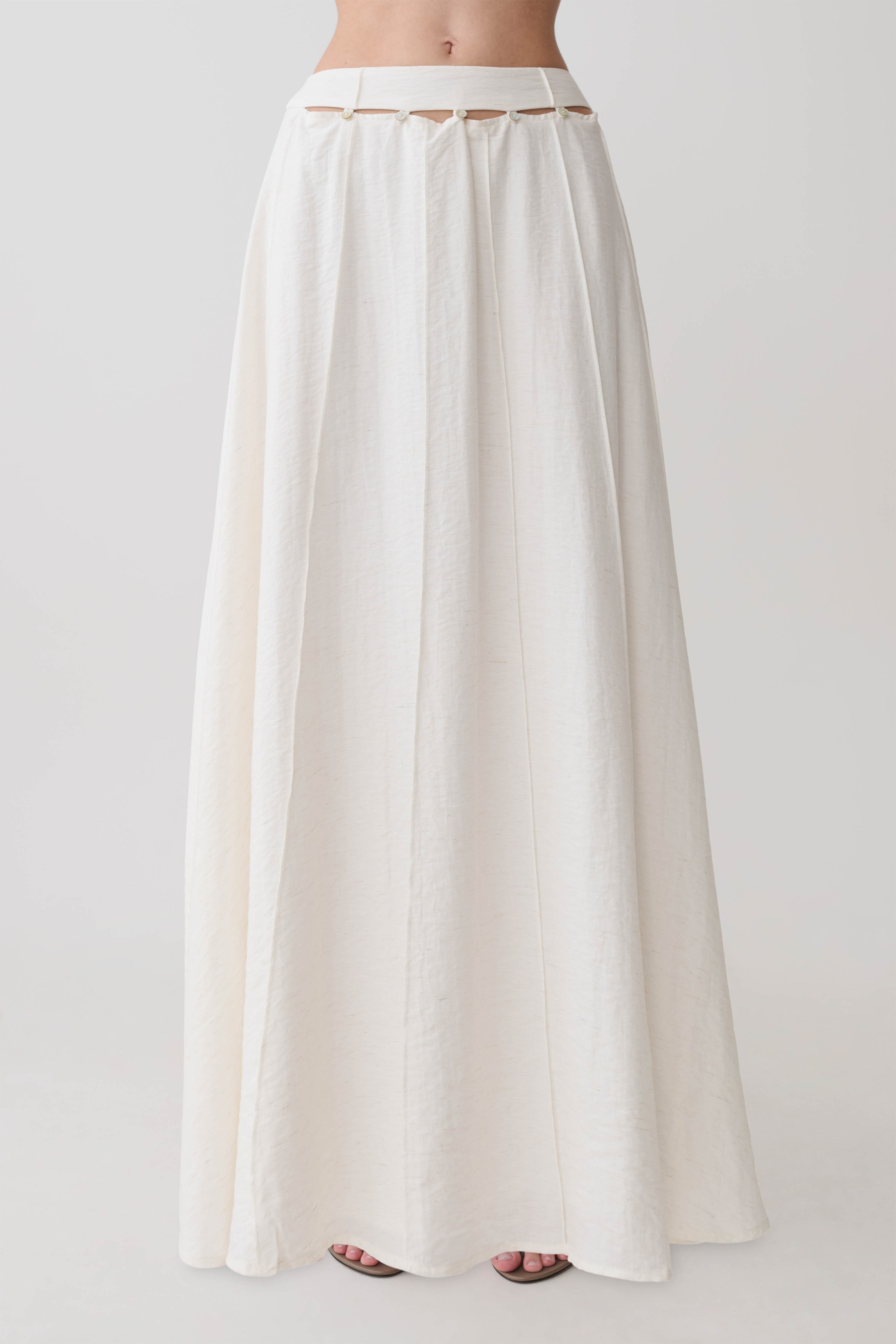 Claire Pearl Button Midi Skirt - White