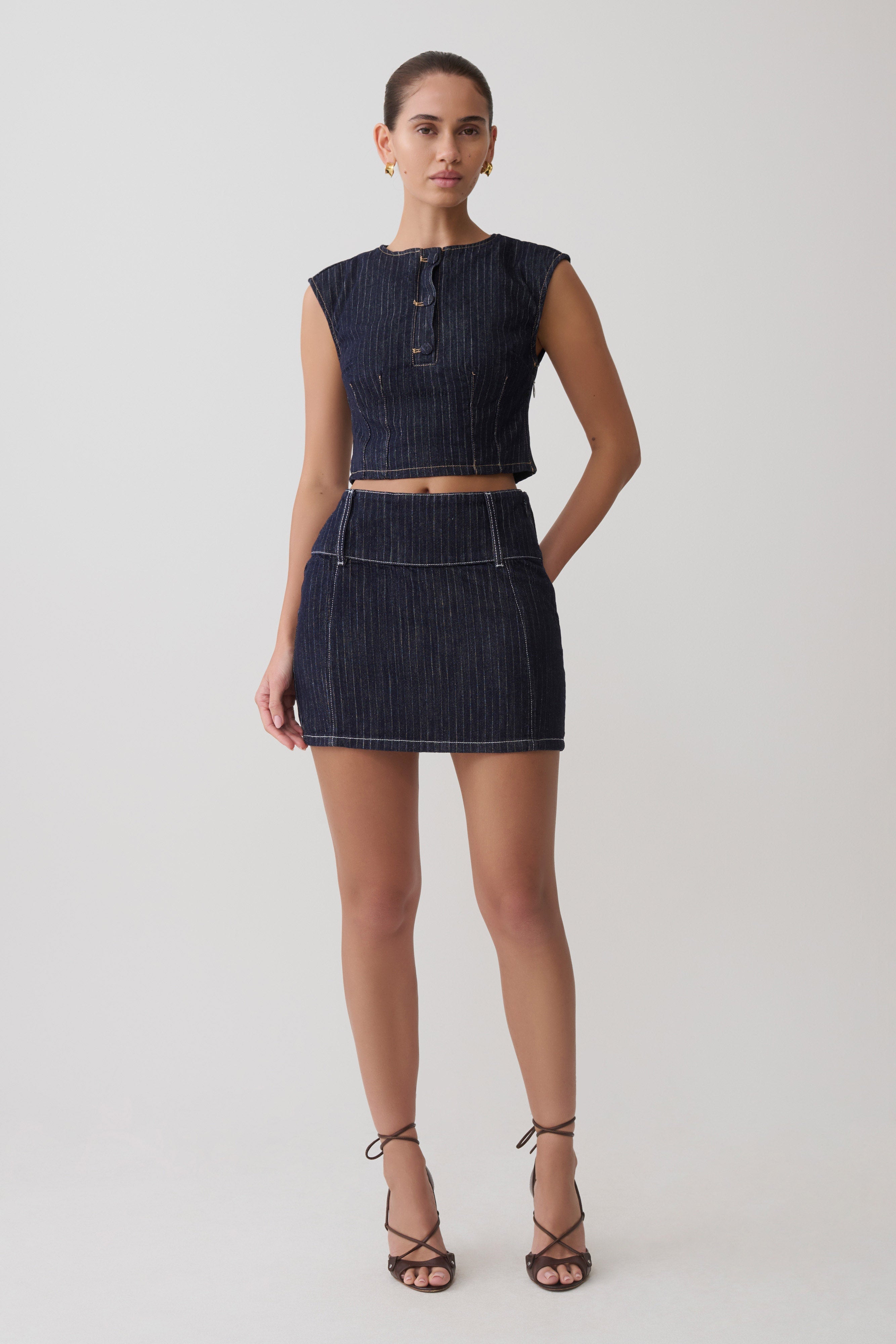 Loraine Mid Rise Denim Mini Skirt - Indigo Pinstripe