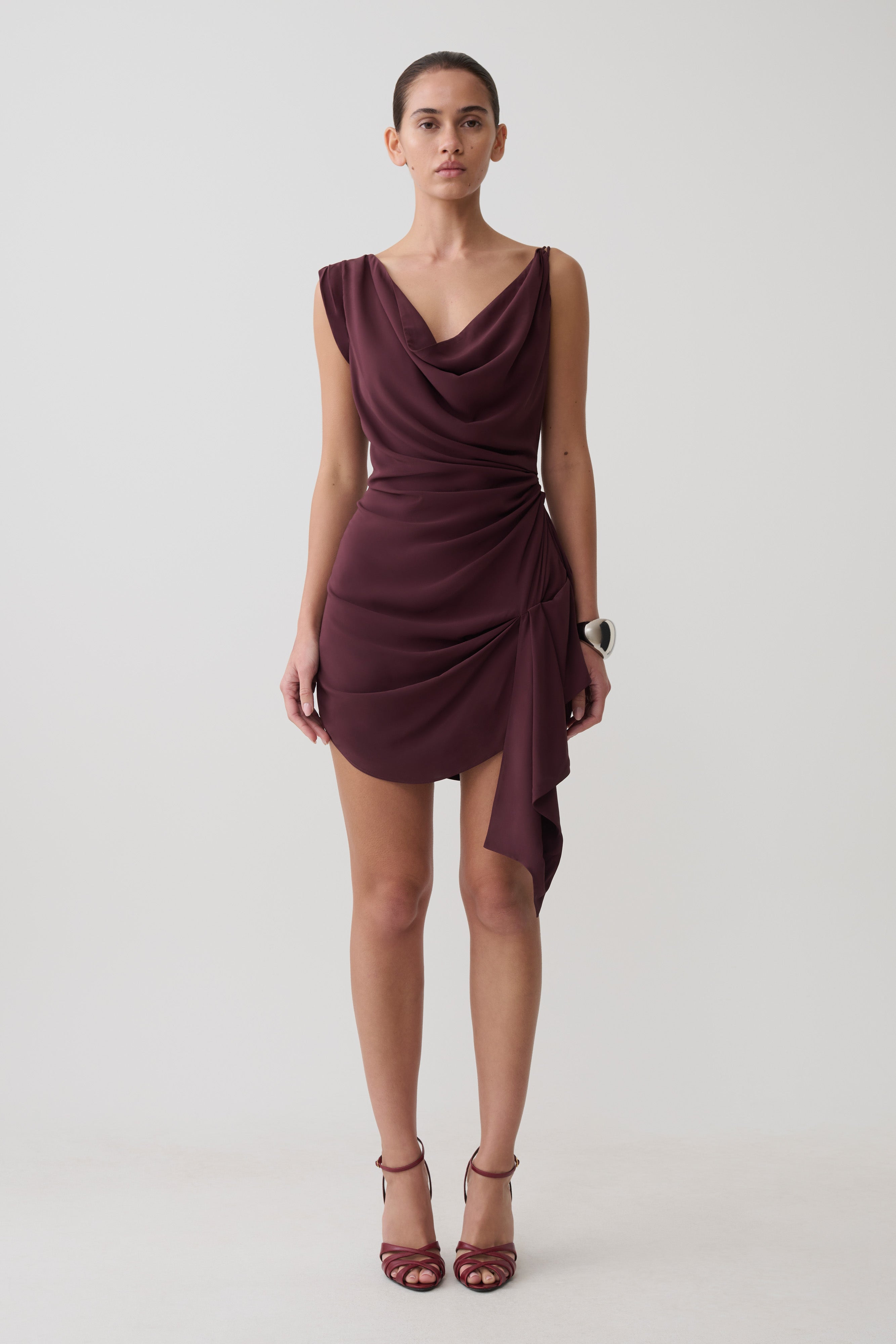 Lucile Cowl Drape Satin Mini Dress - Plum