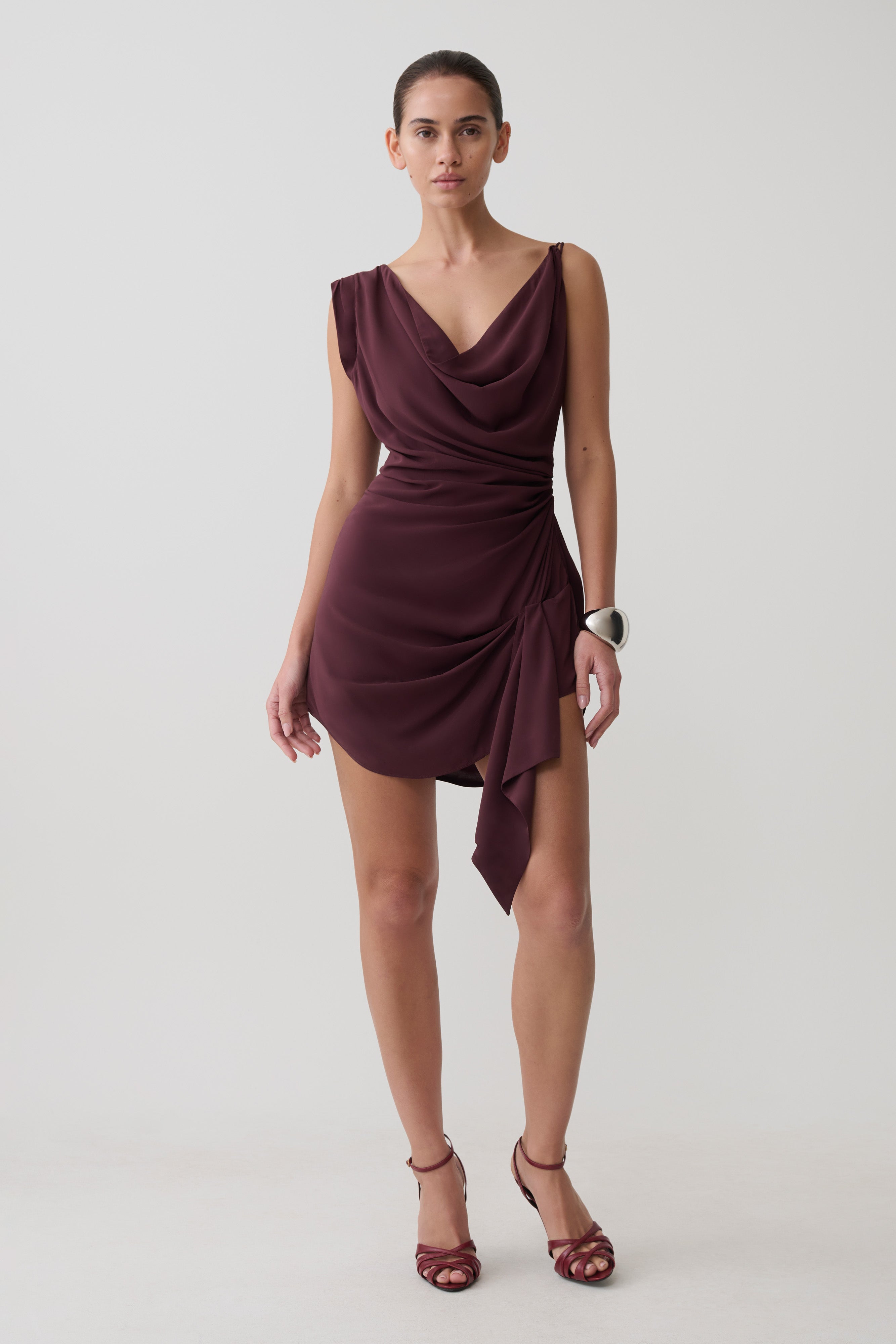Lucile Cowl Drape Satin Mini Dress - Plum