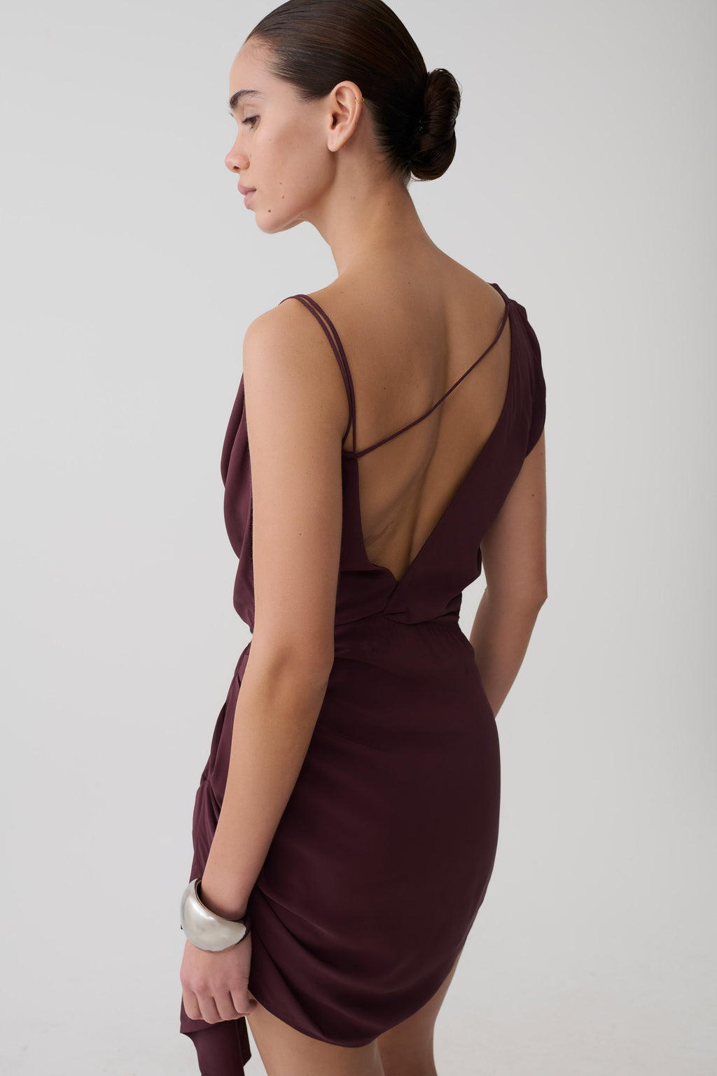 Lucile Cowl Drape Satin Mini Dress - Plum