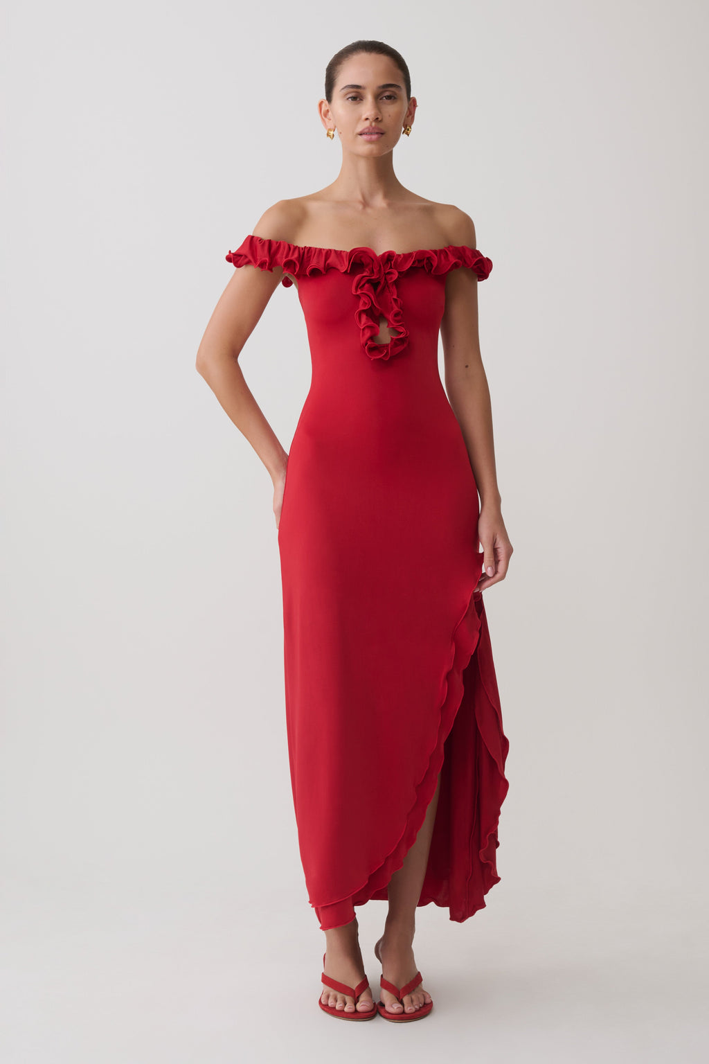 Allegra Off Shoulder Ruffle Midi Dress - Ruby