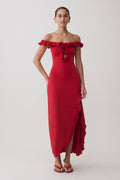Allegra Off Shoulder Ruffle Midi Dress - Ruby