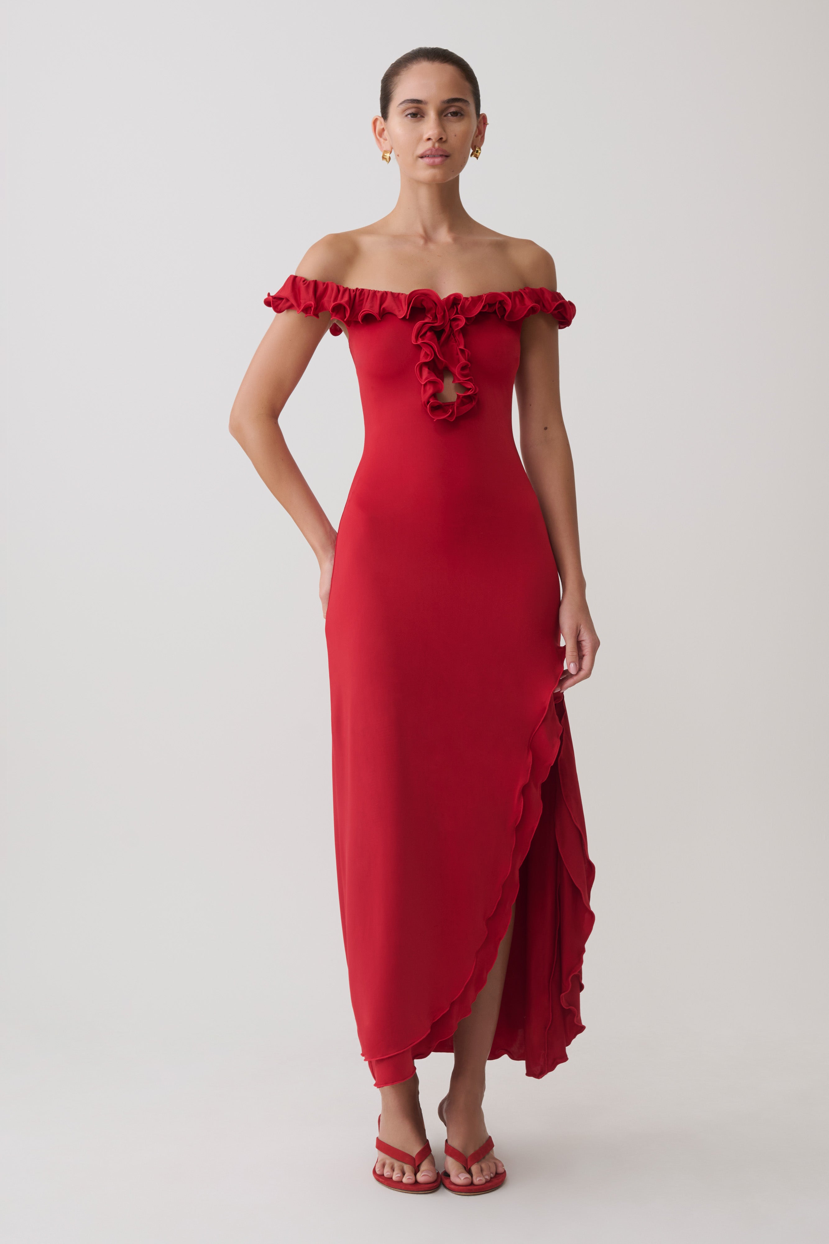 Allegra Off Shoulder Ruffle Midi Dress - Ruby