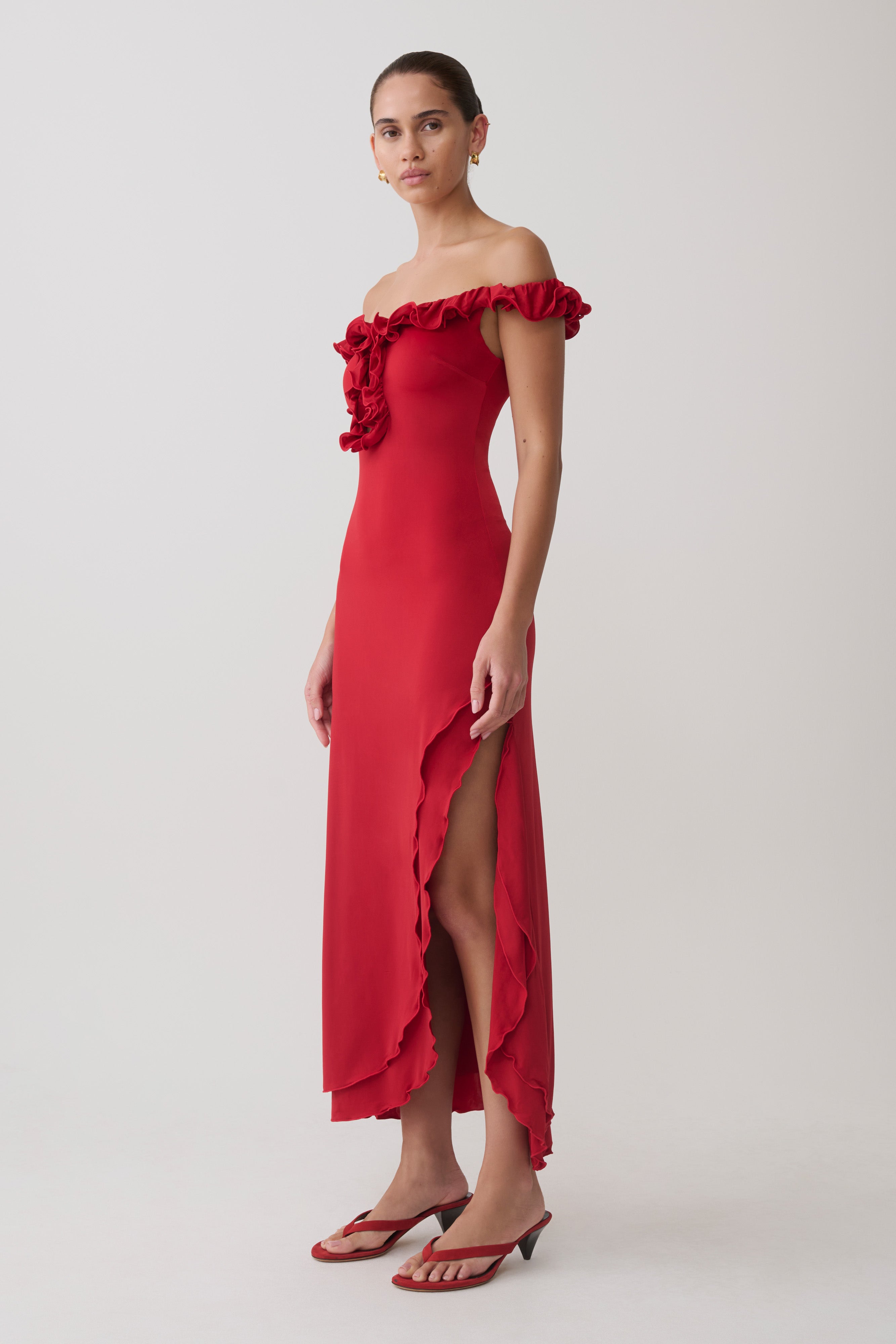 Allegra Off Shoulder Ruffle Midi Dress - Ruby