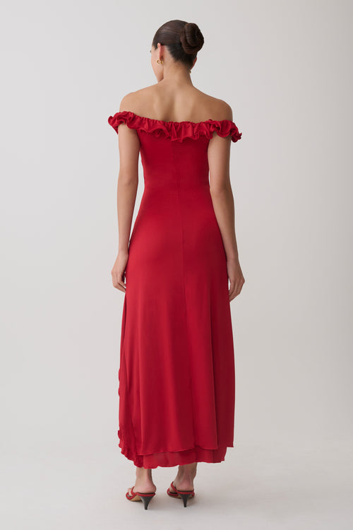 Allegra Off Shoulder Ruffle Midi Dress - Ruby