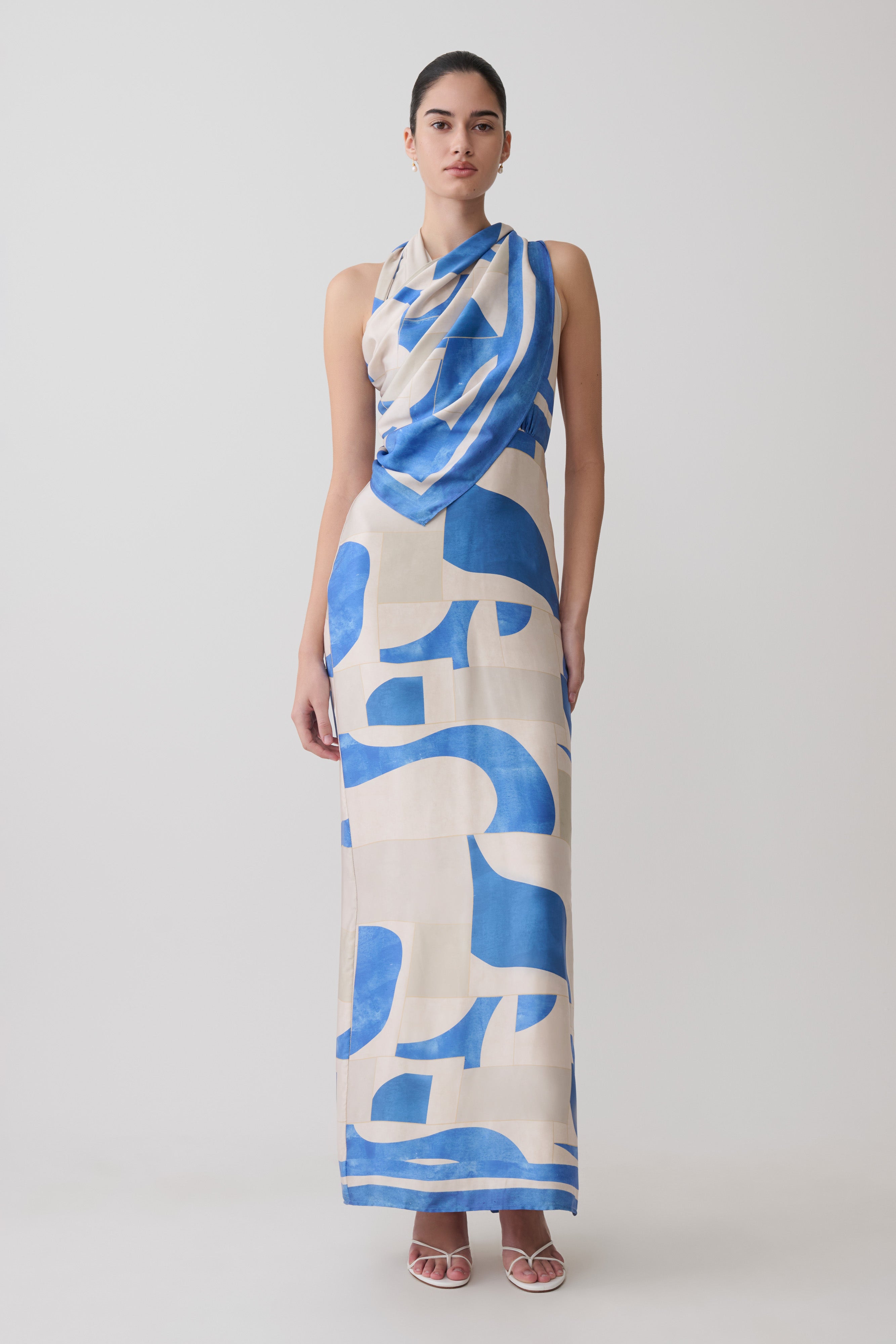 Gianna Satin Halter Maxi Dress - Blue Geo Tile Print