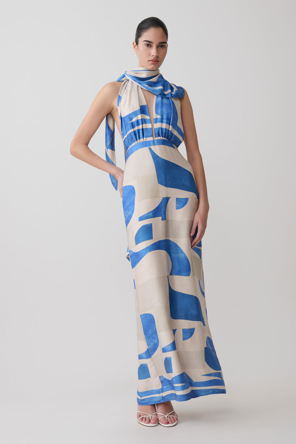 Gianna Satin Halter Maxi Dress - Blue Geo Tile Print