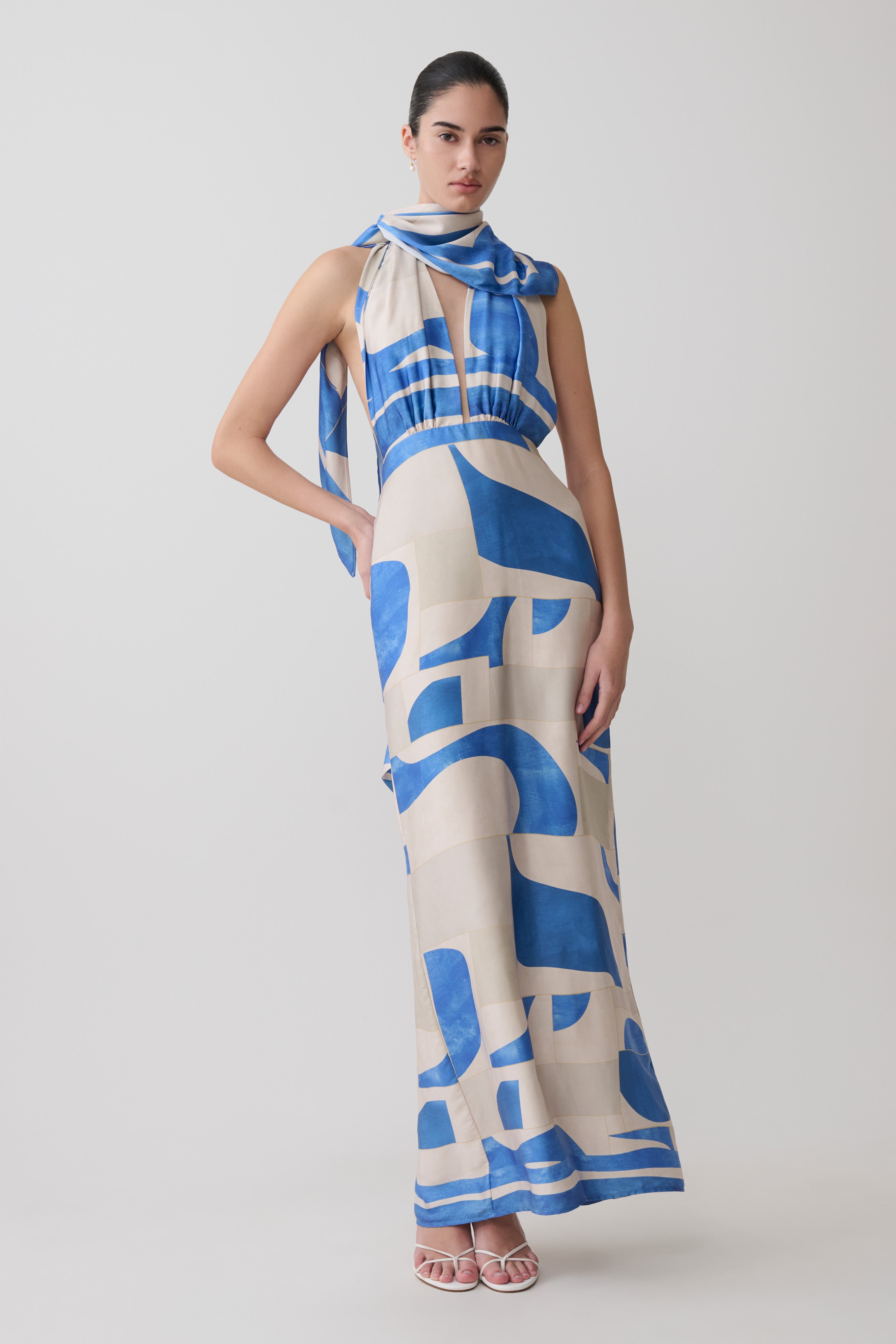 Gianna Satin Halter Maxi Dress - Blue Geo Tile Print