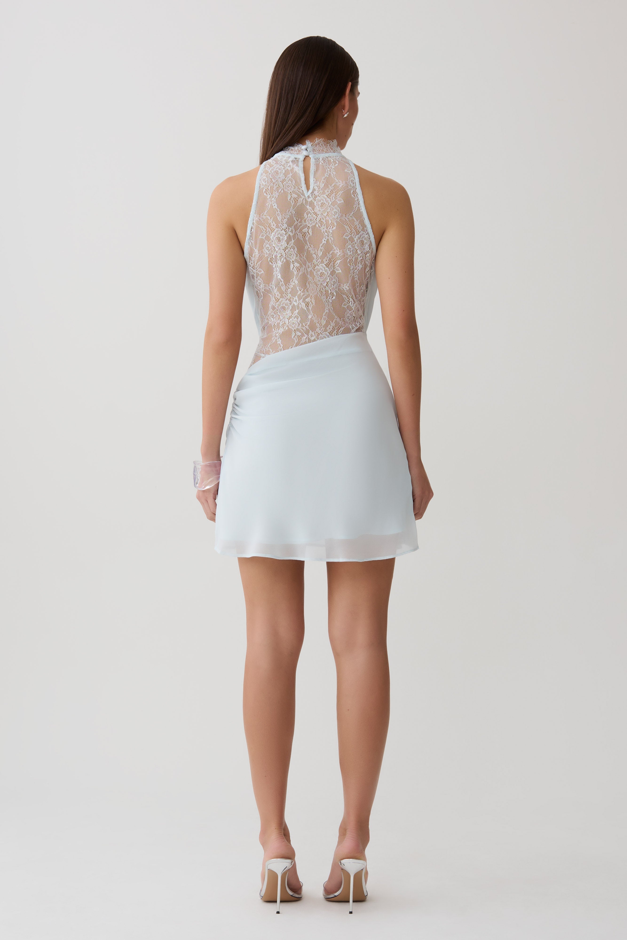 Arra Chiffon And Lace Halter Mini Dress - Ice Blue
