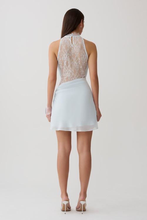 Arra Chiffon And Lace Halter Mini Dress - Ice Blue