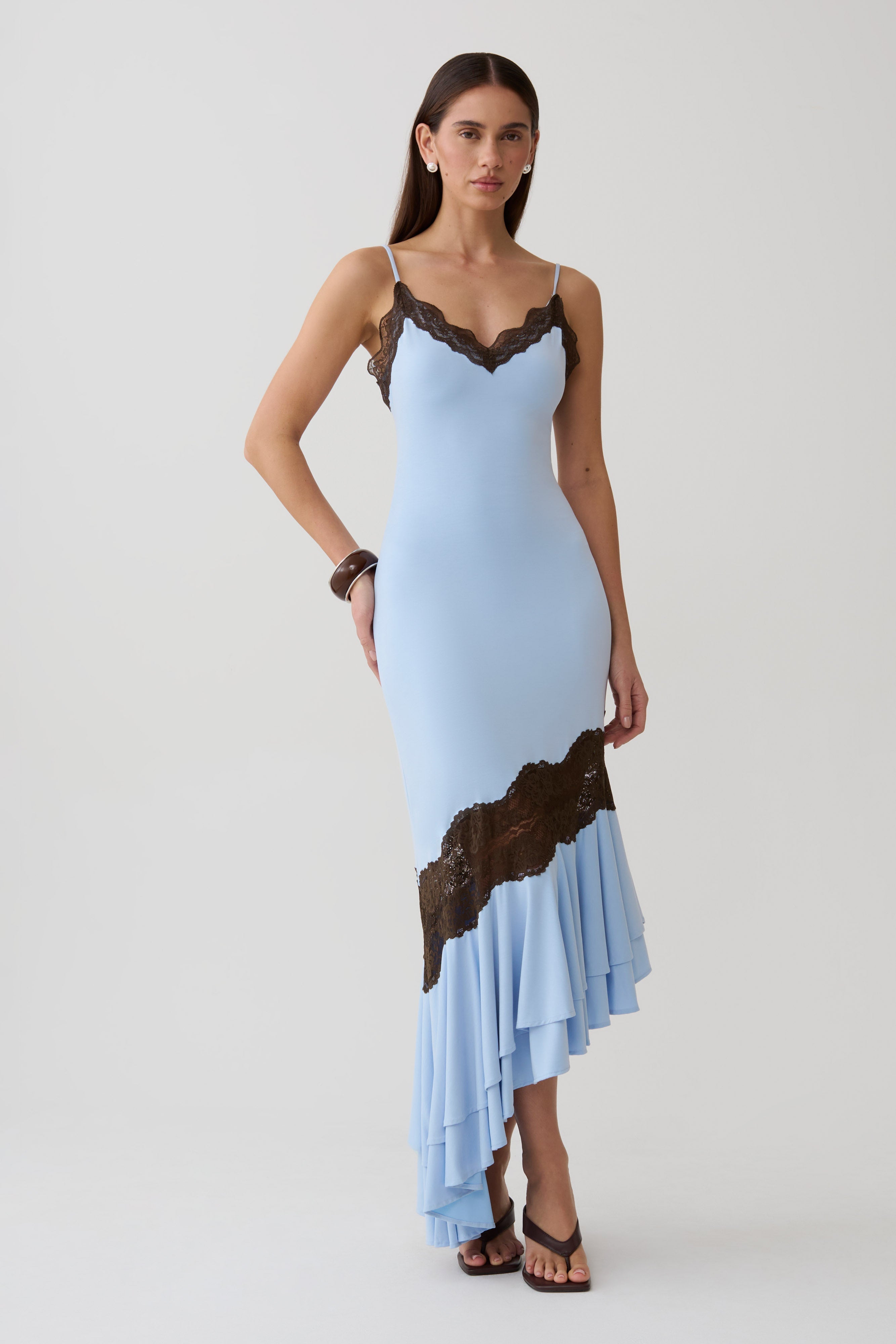 Annis Frilled Hem Lace Midi Dress - Cornflower/Chocolate
