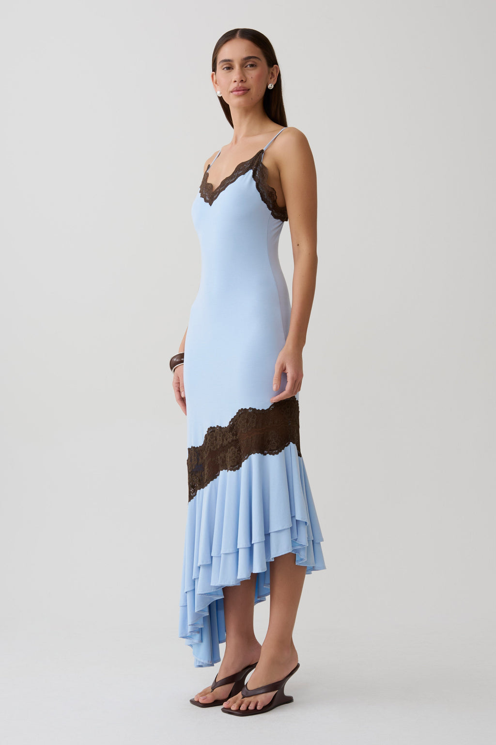 Annis Frilled Hem Lace Midi Dress - Cornflower/Chocolate