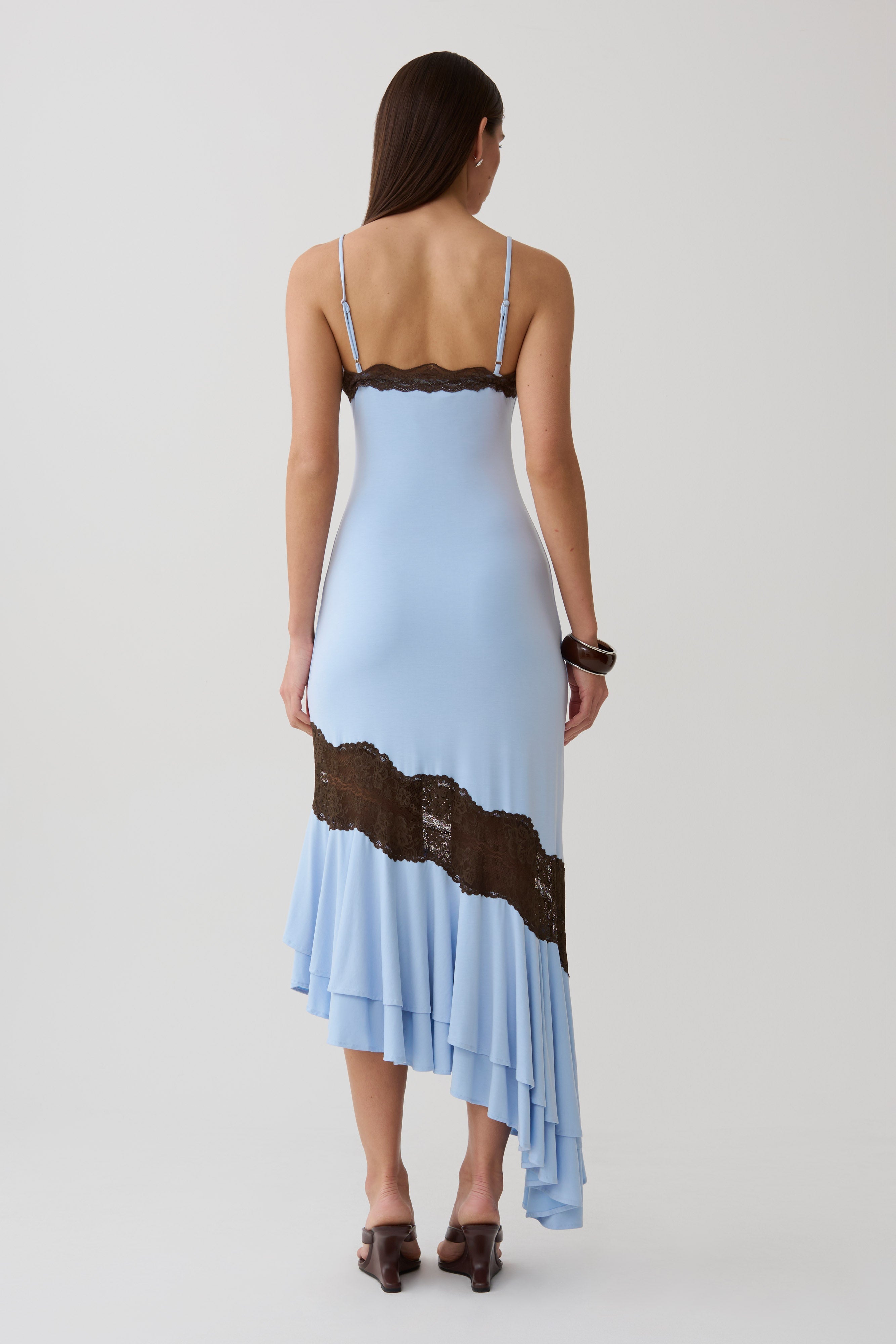 Annis Frilled Hem Lace Midi Dress - Cornflower/Chocolate