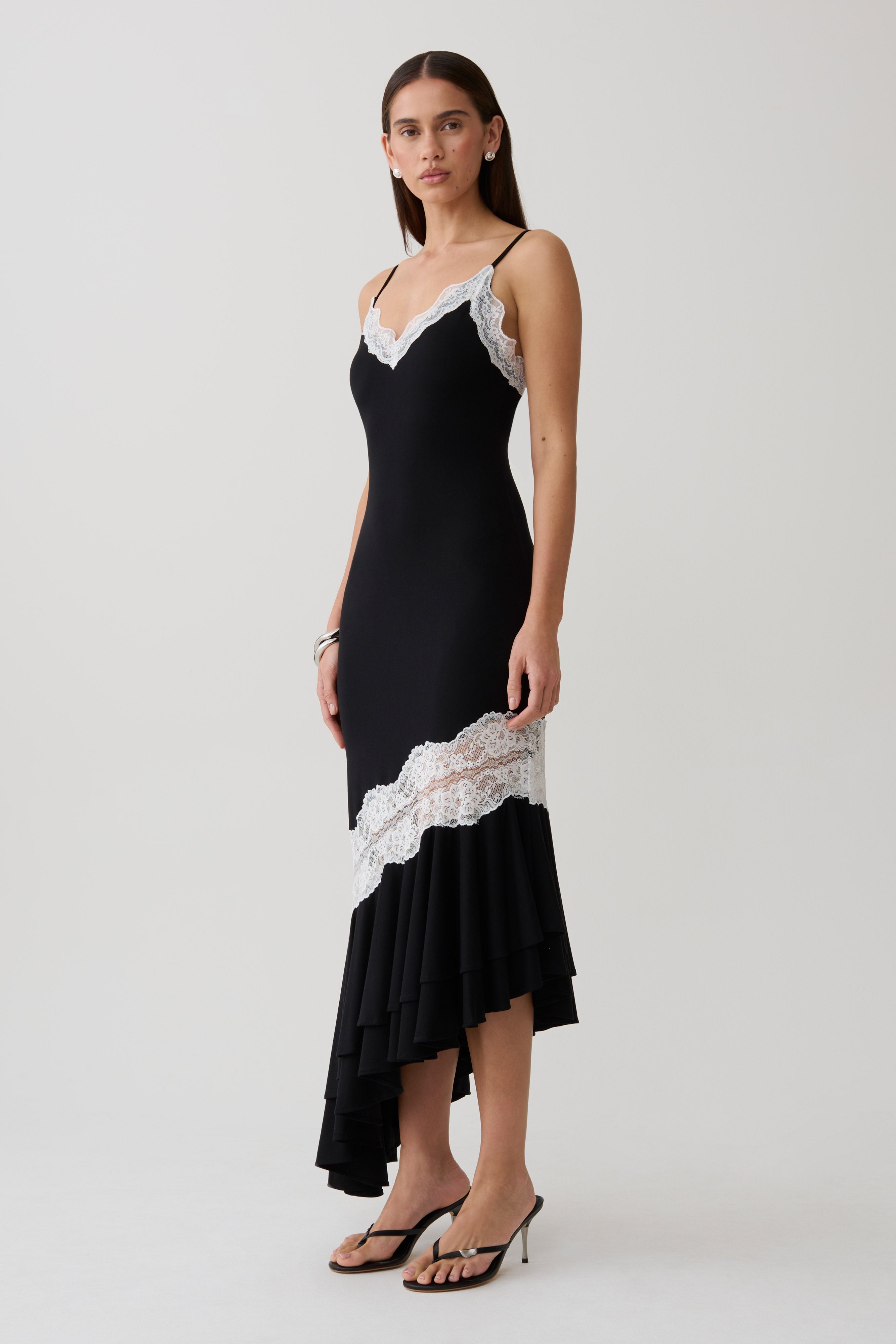 Annis Frilled Hem Lace Midi Dress - Black/White