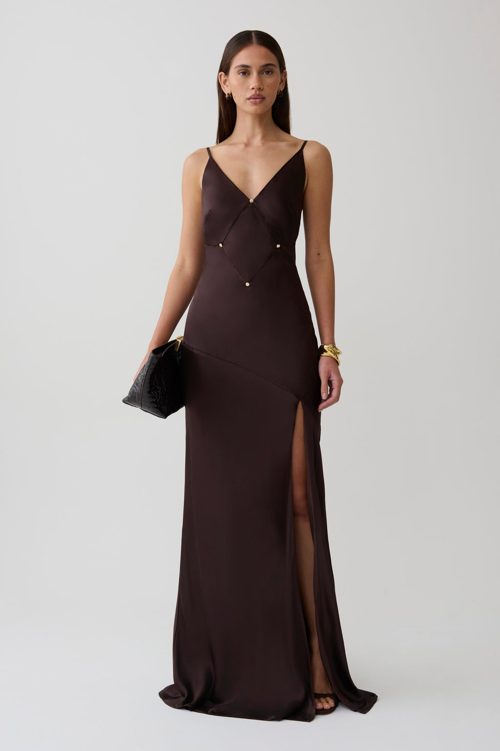 Maddison V Neck Satin Maxi Dress - Dark Chocolate
