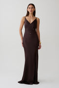 Maddison V Neck Satin Maxi Dress - Dark Chocolate