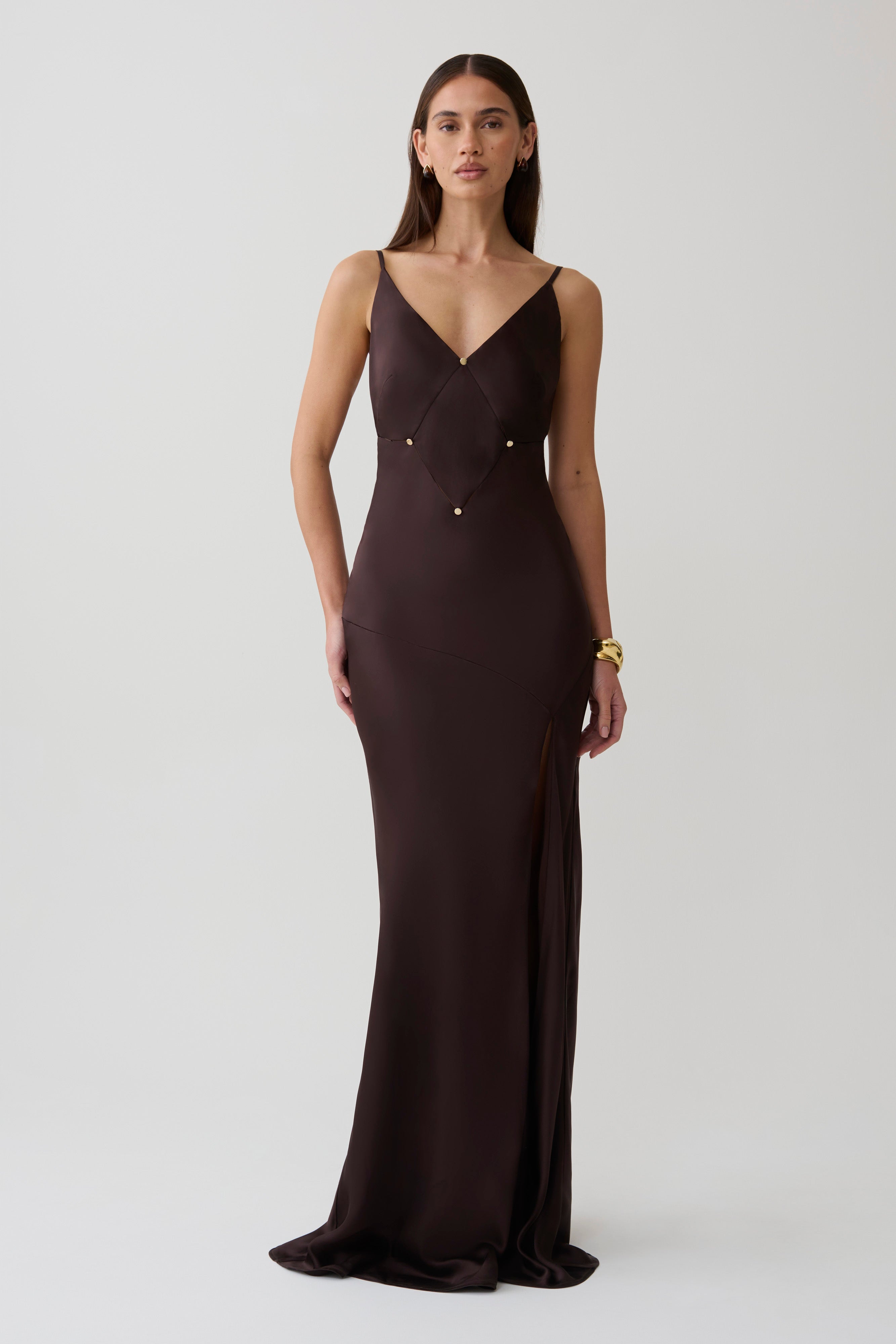 Maddison V Neck Satin Maxi Dress - Dark Chocolate