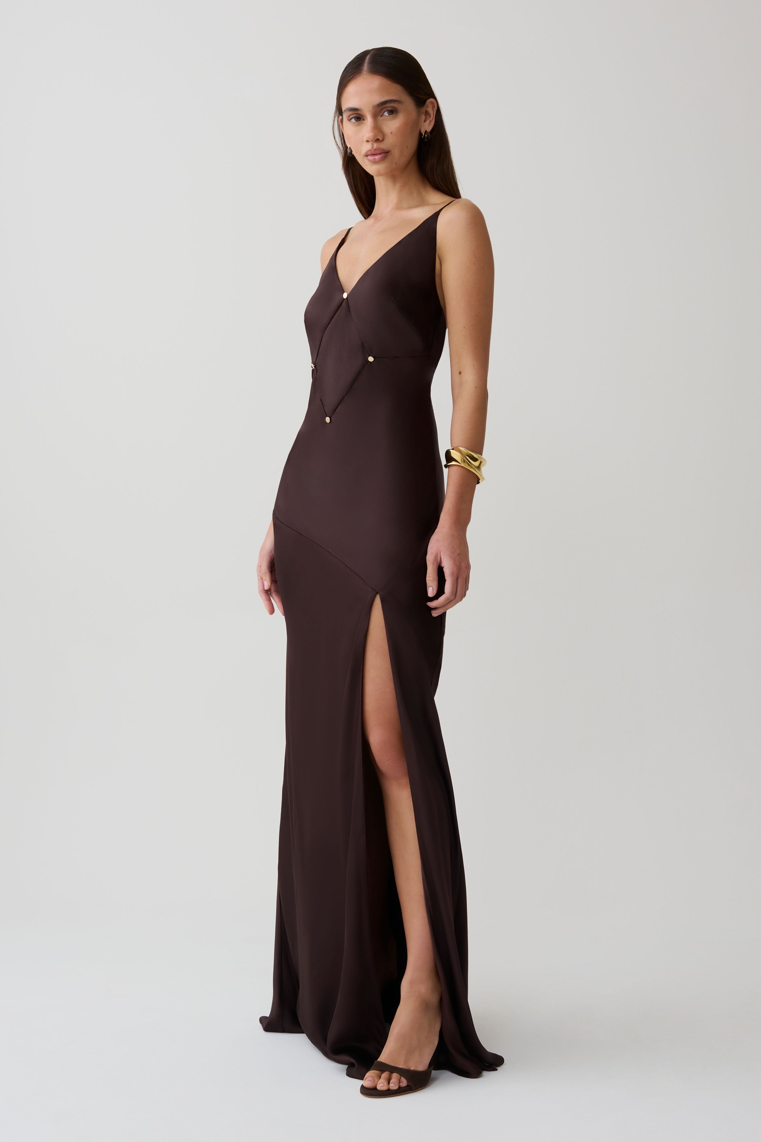 Maddison V Neck Satin Maxi Dress - Dark Chocolate