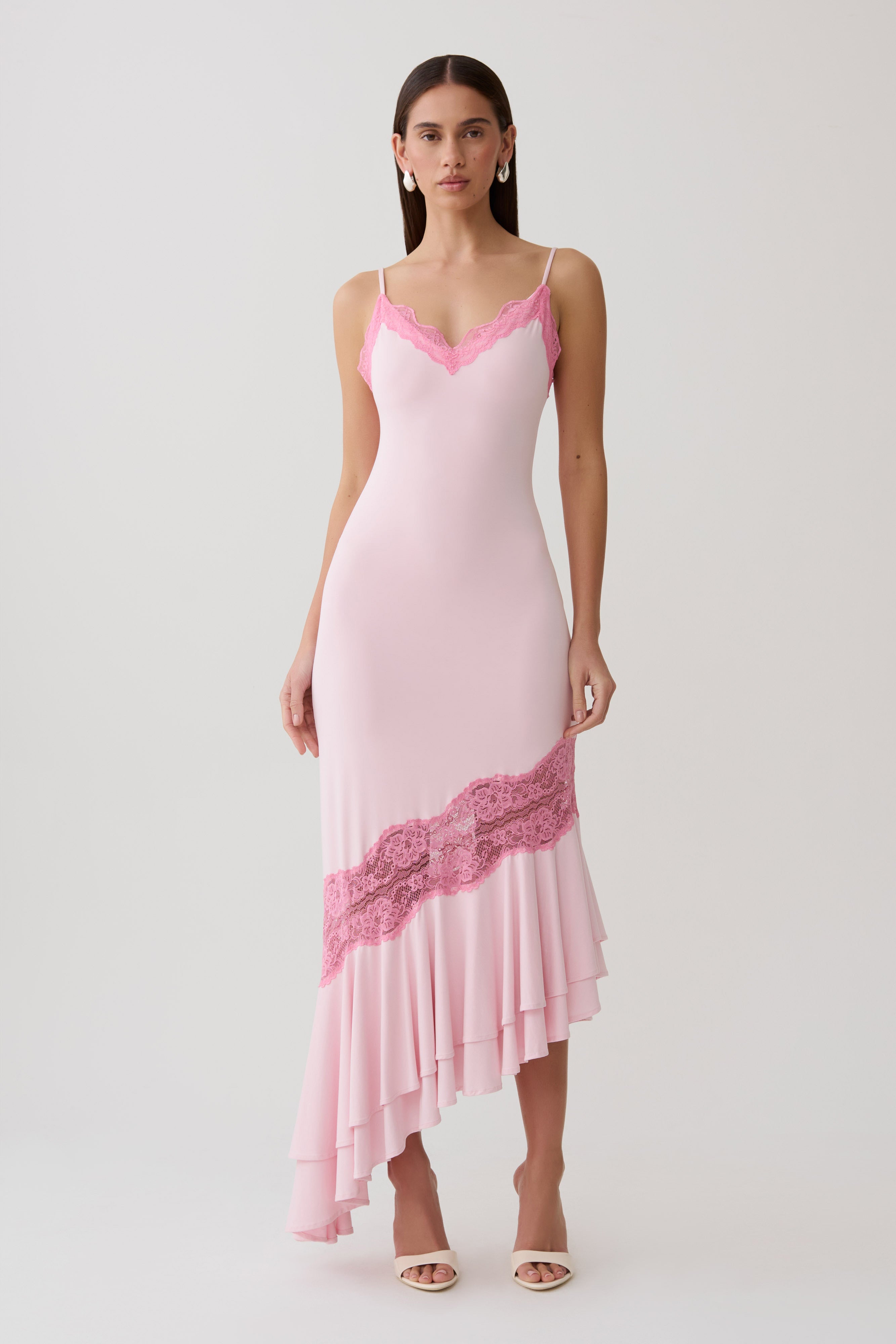 Annis Frilled Hem Lace Midi Dress - Pink