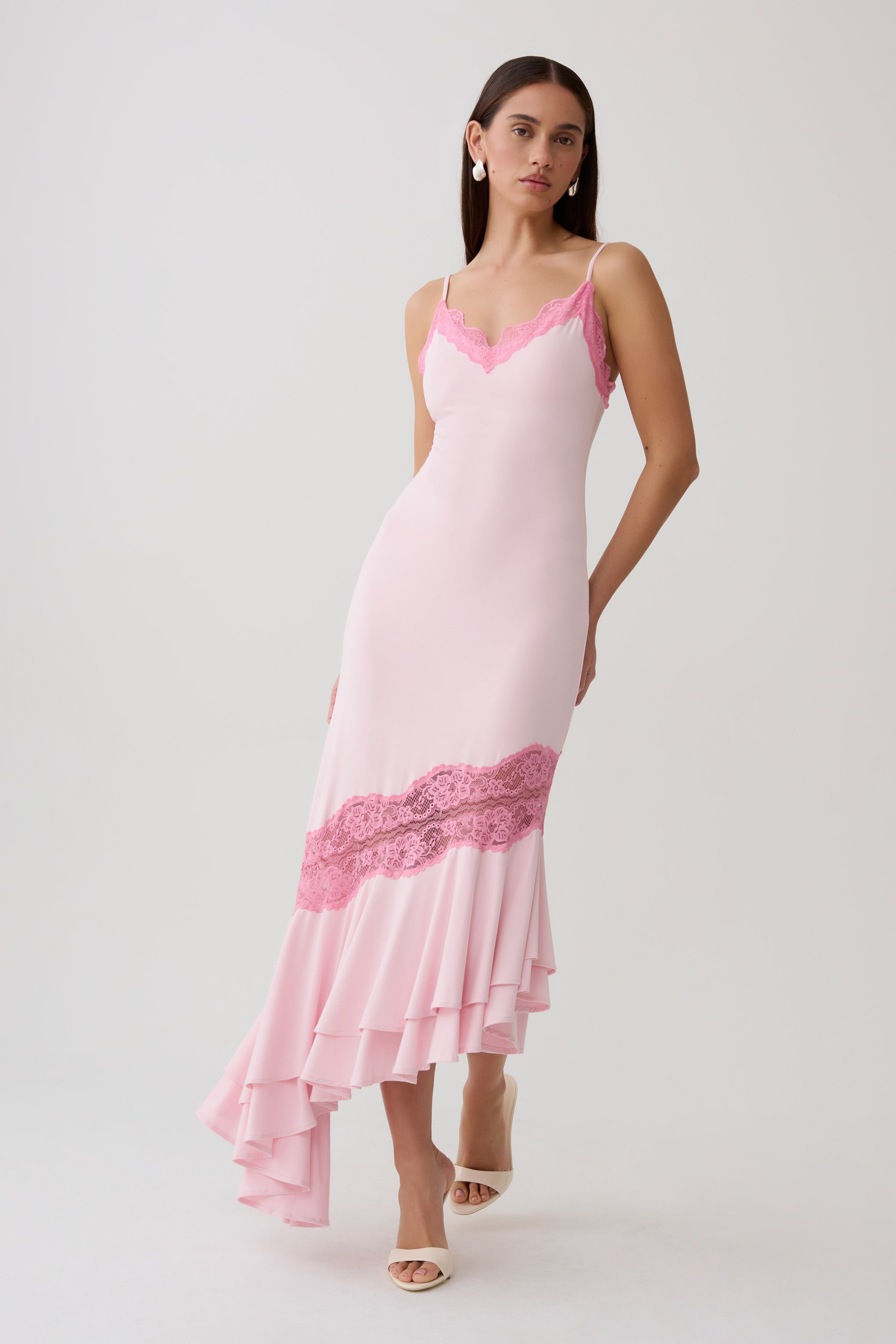 Annis Frilled Hem Lace Midi Dress - Pink