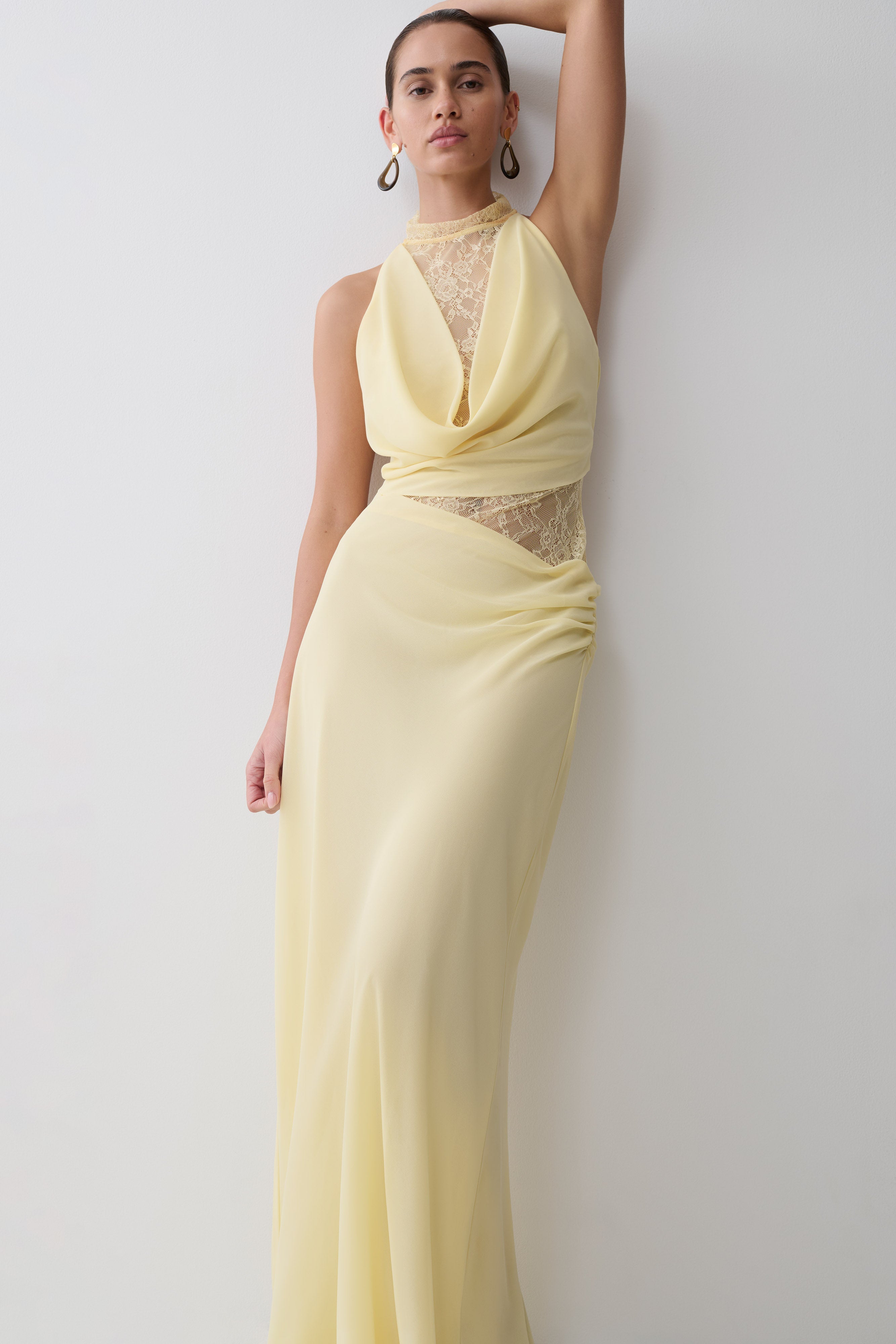 Arra Chiffon And Lace Halter Maxi Dress - Lemon