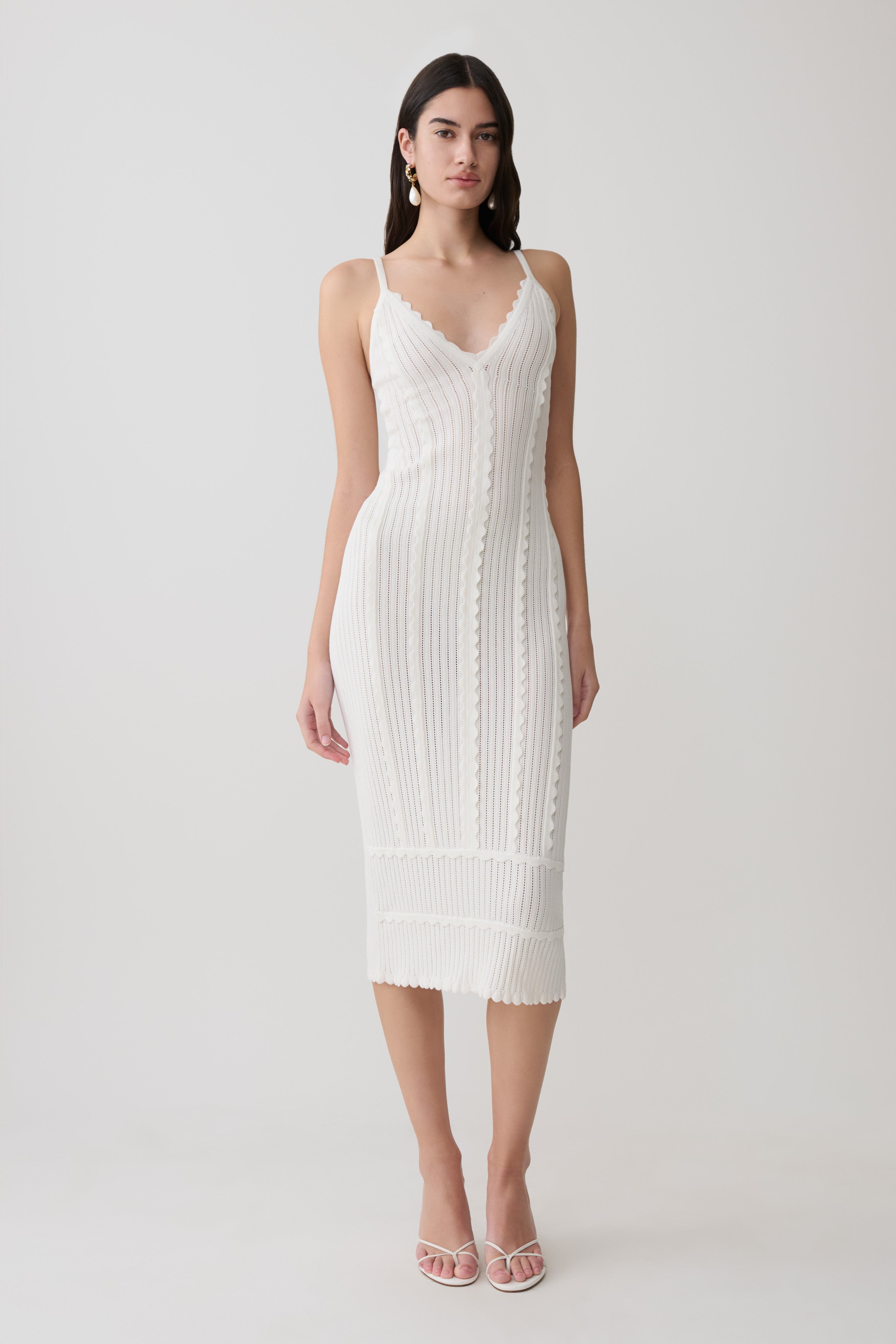 Cooper Scalloped Neckline Pointelle Midi Dress - White