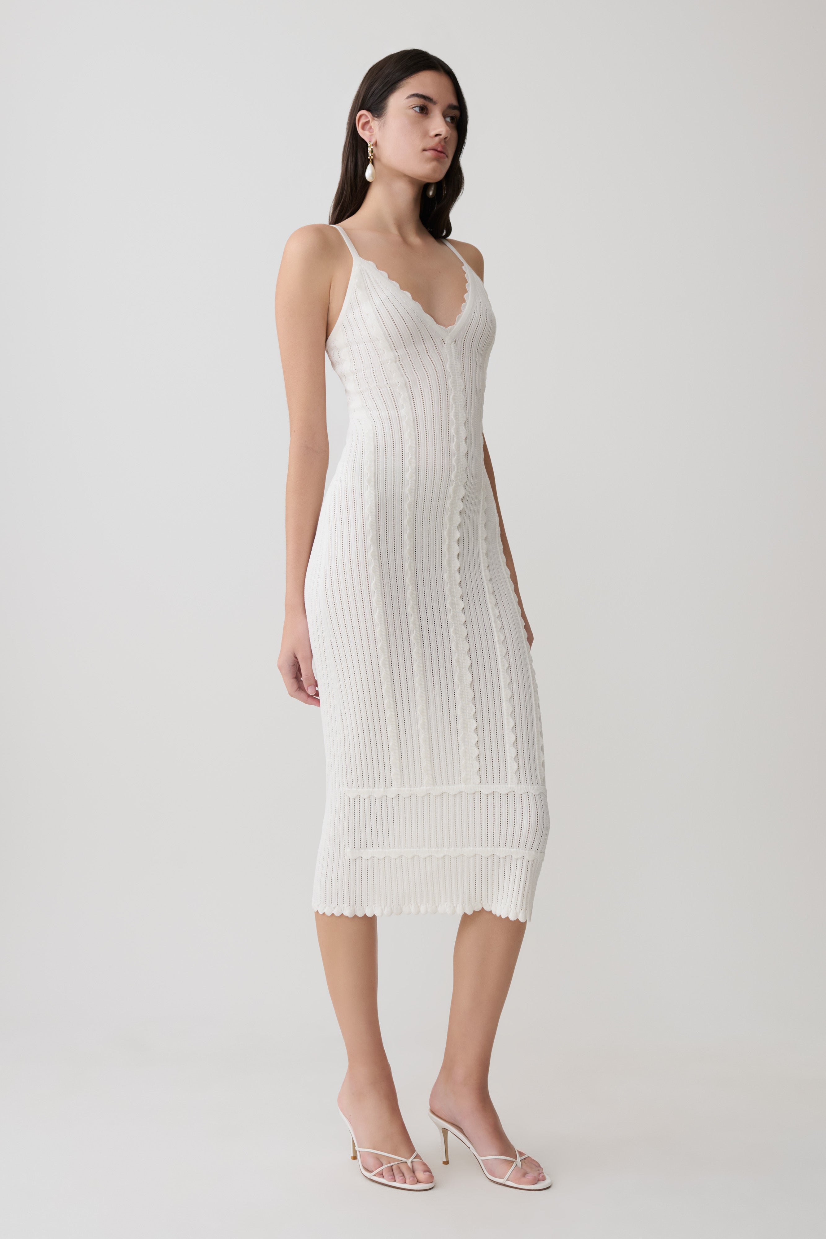 Cooper Scalloped Neckline Pointelle Midi Dress - White