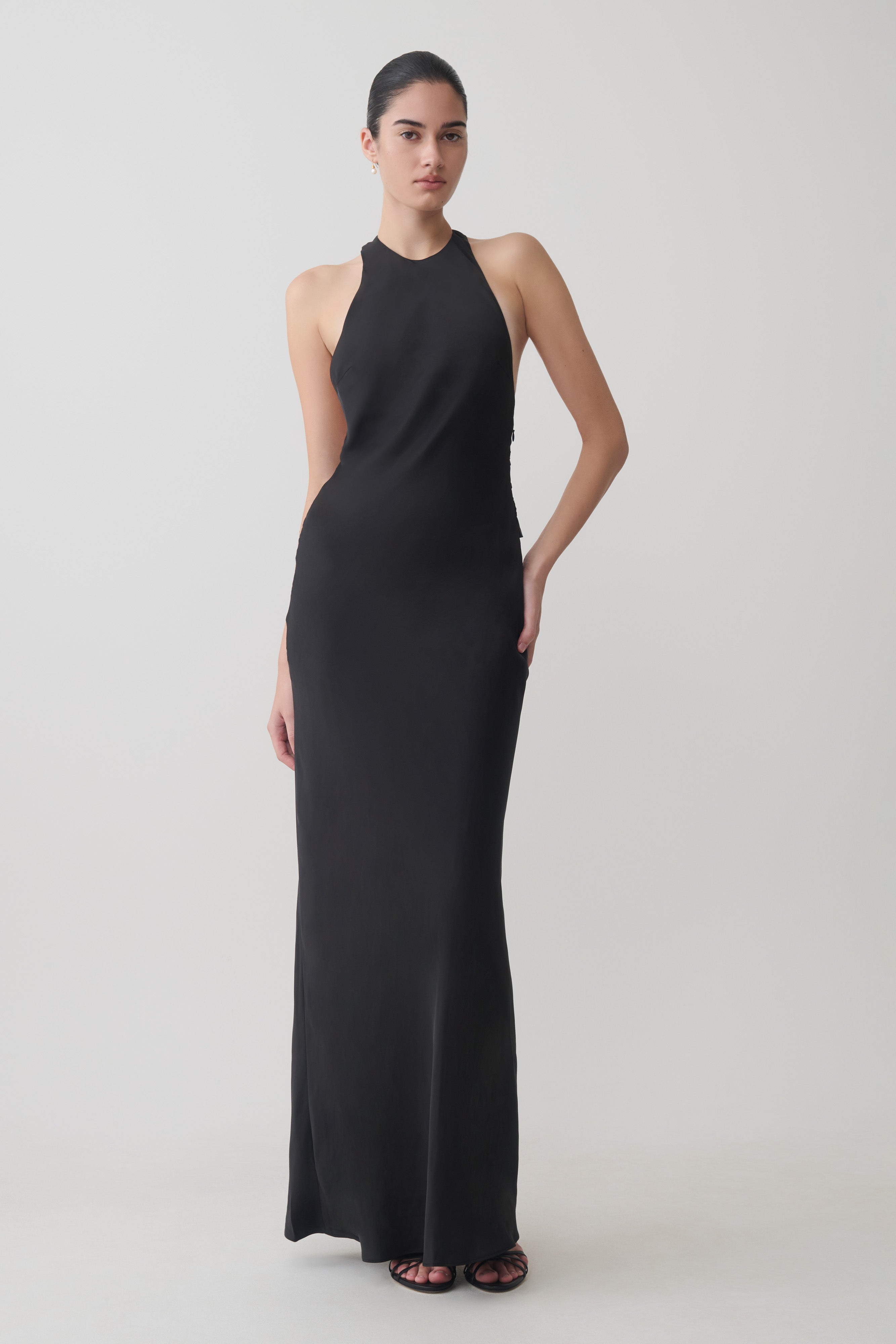 Rinna Satin Halter Maxi Dress - Black