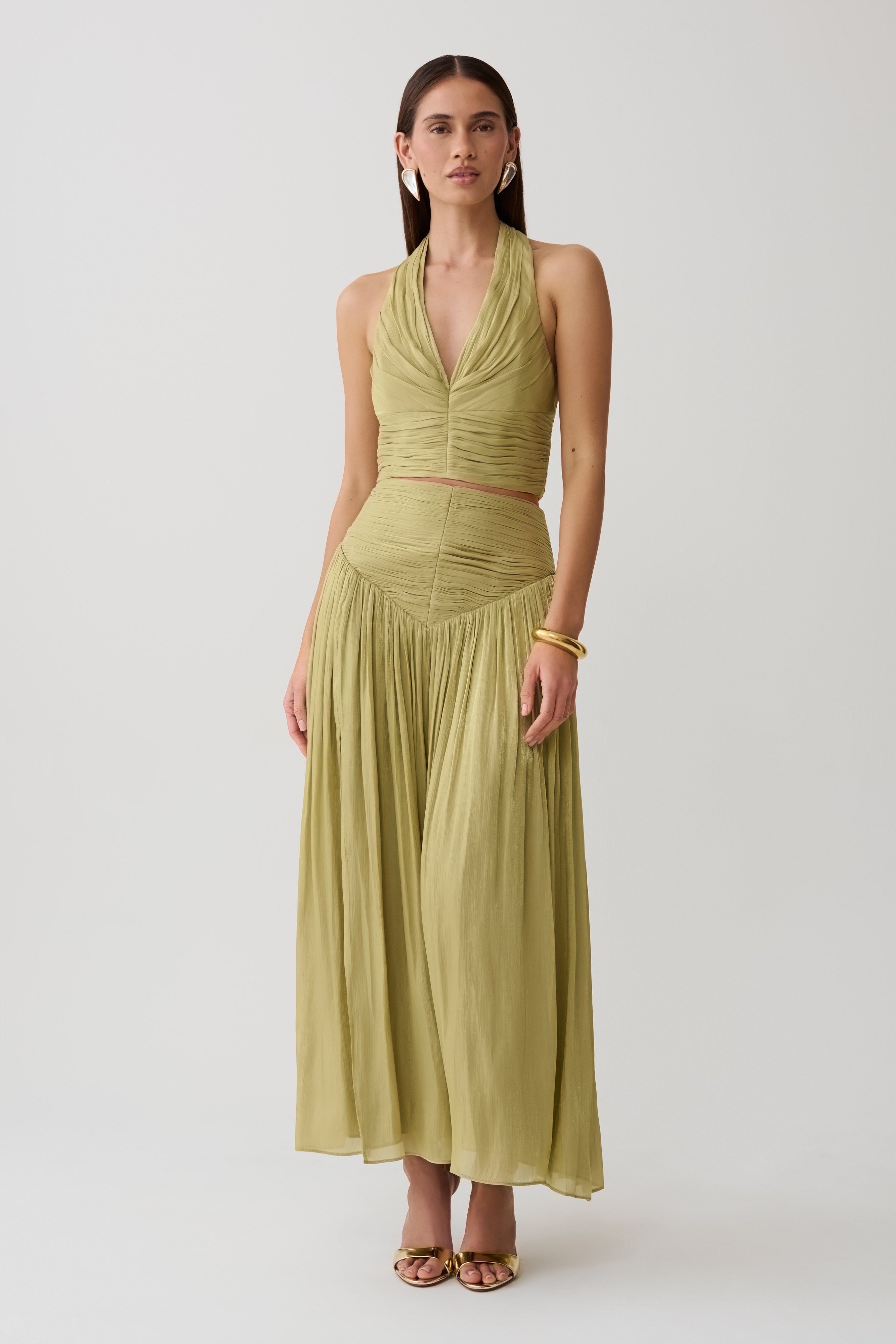 Makena Gathered V Neck Top - Green