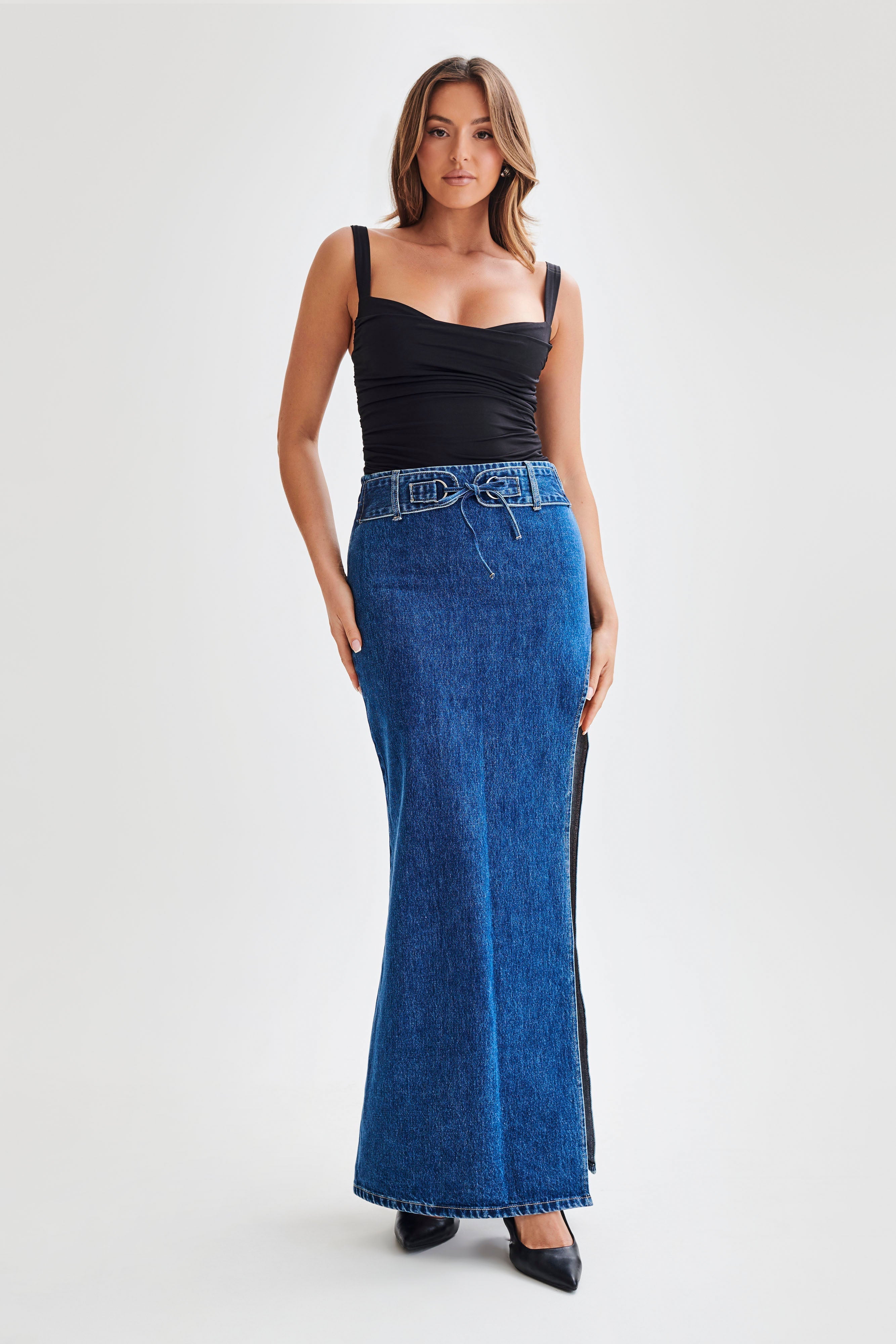 Hailey Slinky Long Line Sweetheart Top - Black