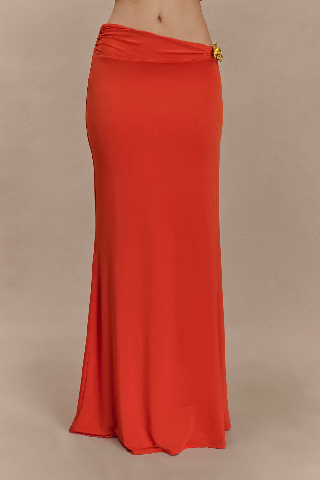 Ainsley Asymmetrical Maxi Skirt With Floral Hardware - Burnt Orange