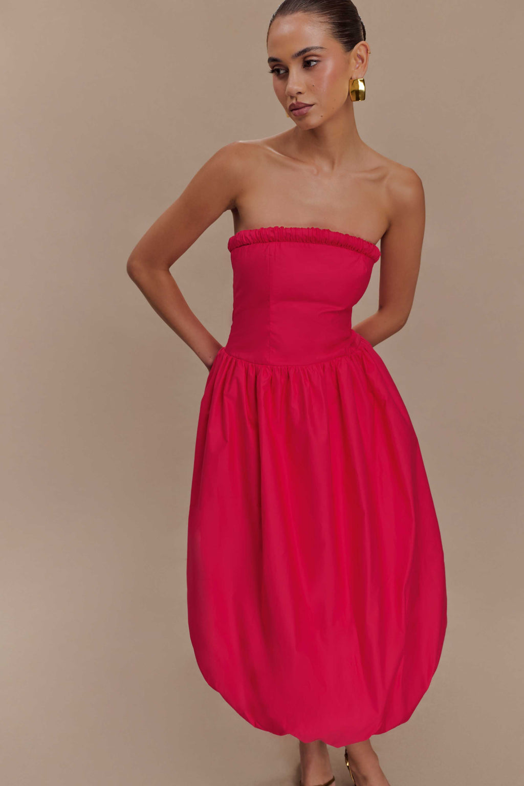 Dulce Puff Midi Dress - Raspberry