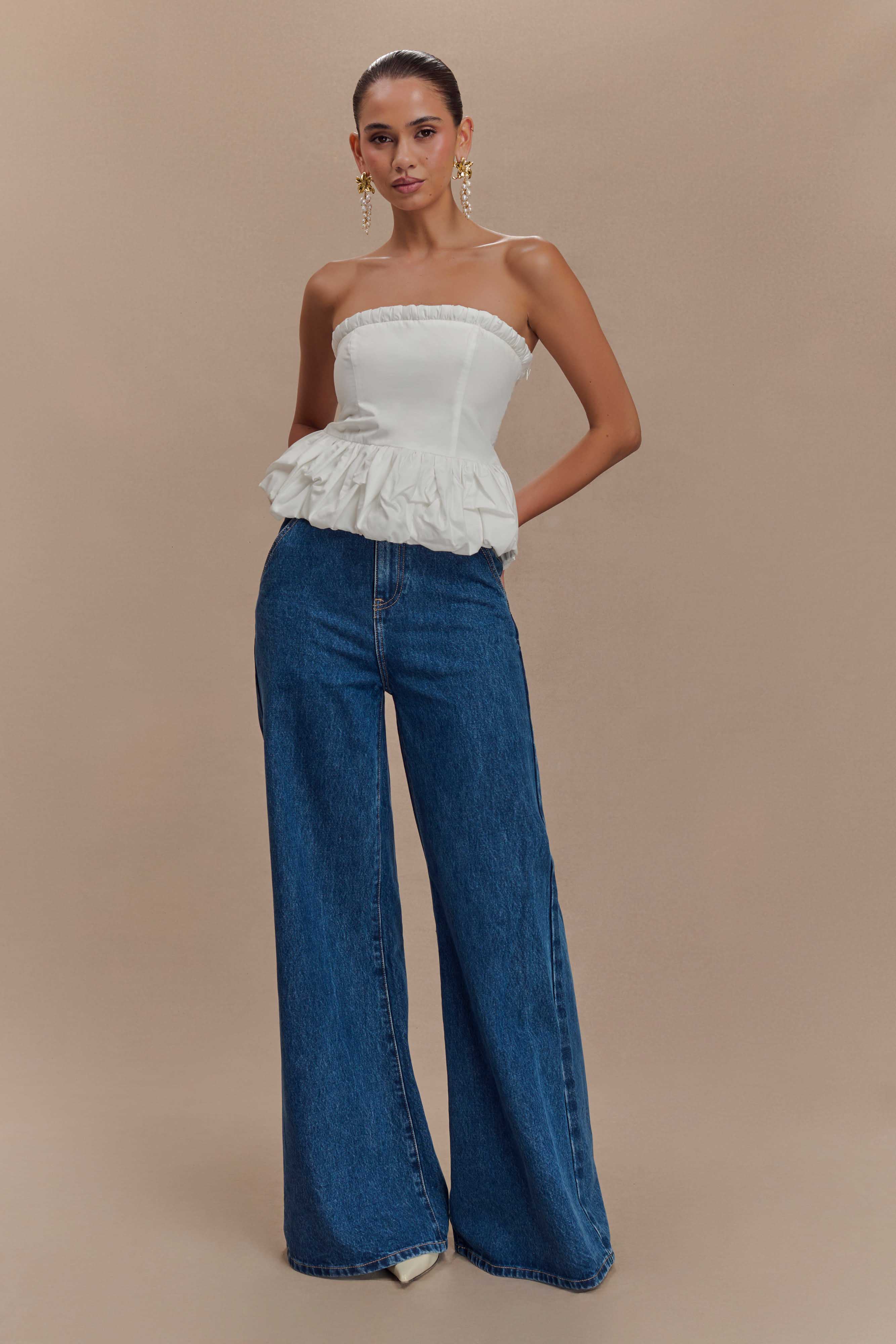 Cora Ruched Strapless Top - White