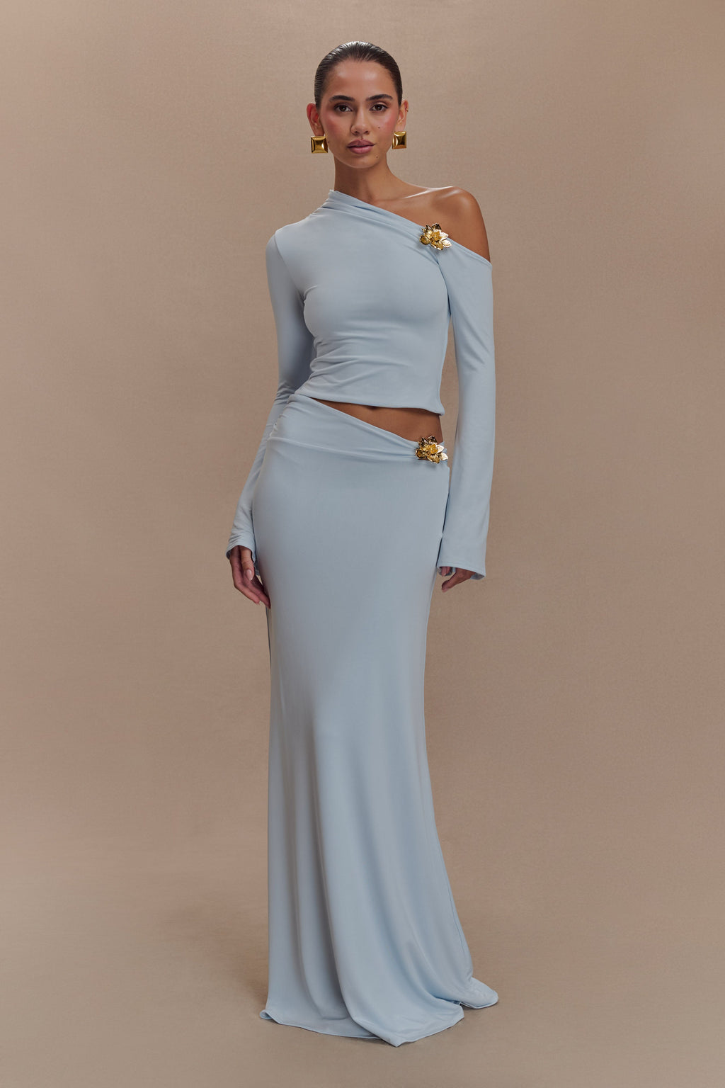 Ainsley Asymmetrical Maxi Skirt With Floral Hardware - Pale Blue